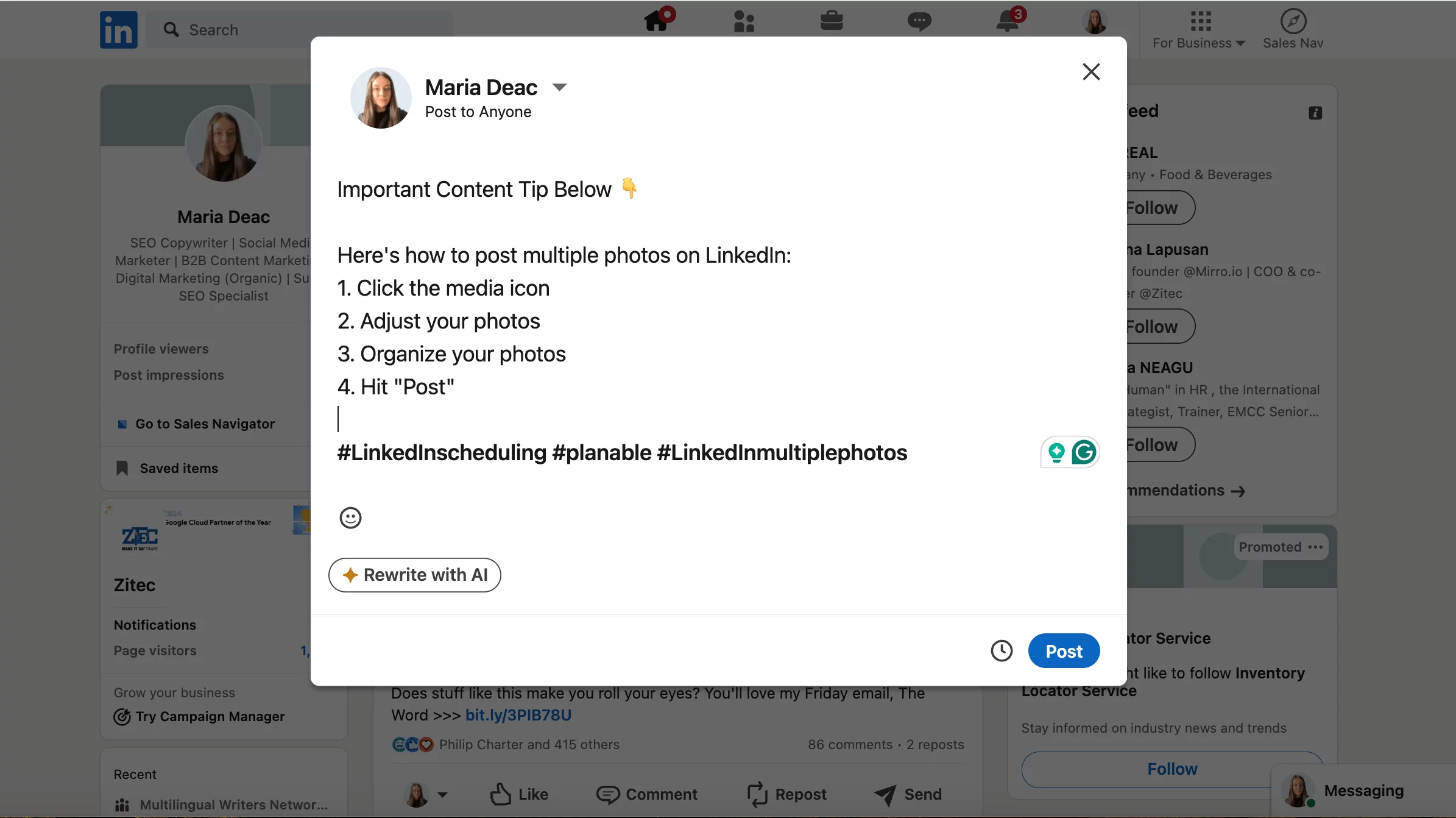 Maria Deac's LinkedIn post draft providing a tip on how to upload multiple photos with step-by-step instructions and relevant hashtags.