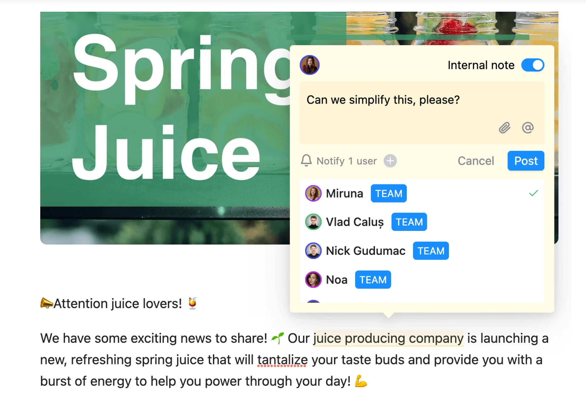 Team collaboration interface in Planable with an internal note asking to simplify a message about a new spring juice launch.