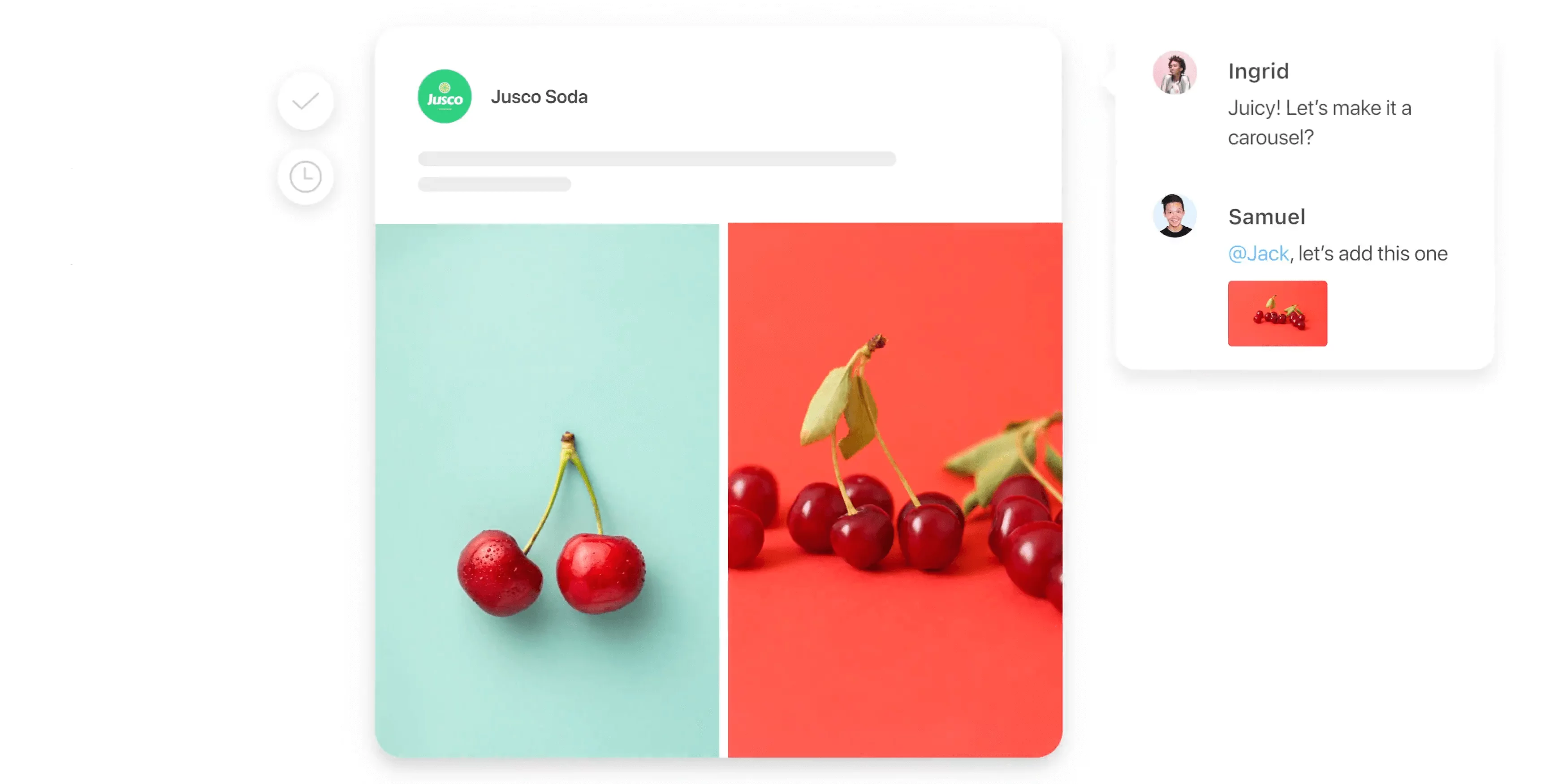 Social media post in Planable design featuring images of cherries on contrasting turquoise and red backgrounds, with team comments suggesting carousel format.