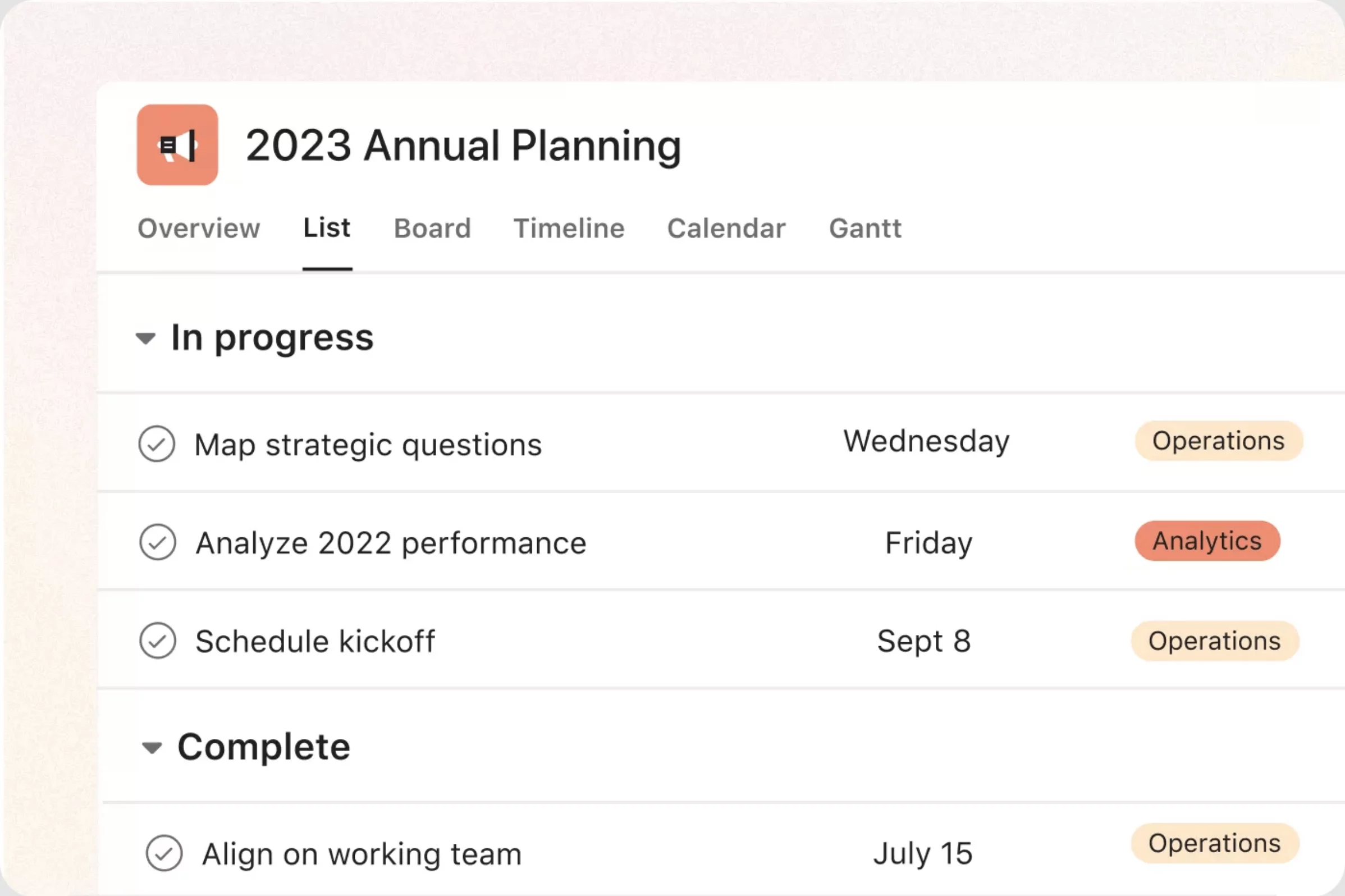 Annual Planning task list in Asana with "In progress" and "Complete" sections, showing tasks like "Map strategic questions" and "Analyze 2022 performance."