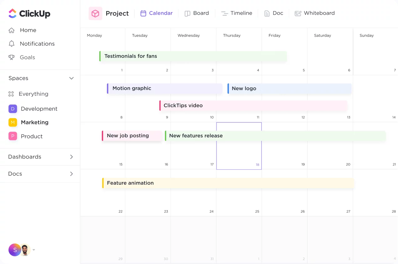 ClickUp project calendar view displaying tasks for the month, including "New job posting," "Motion graphic," and "Feature animation," organized by color-coded categories.