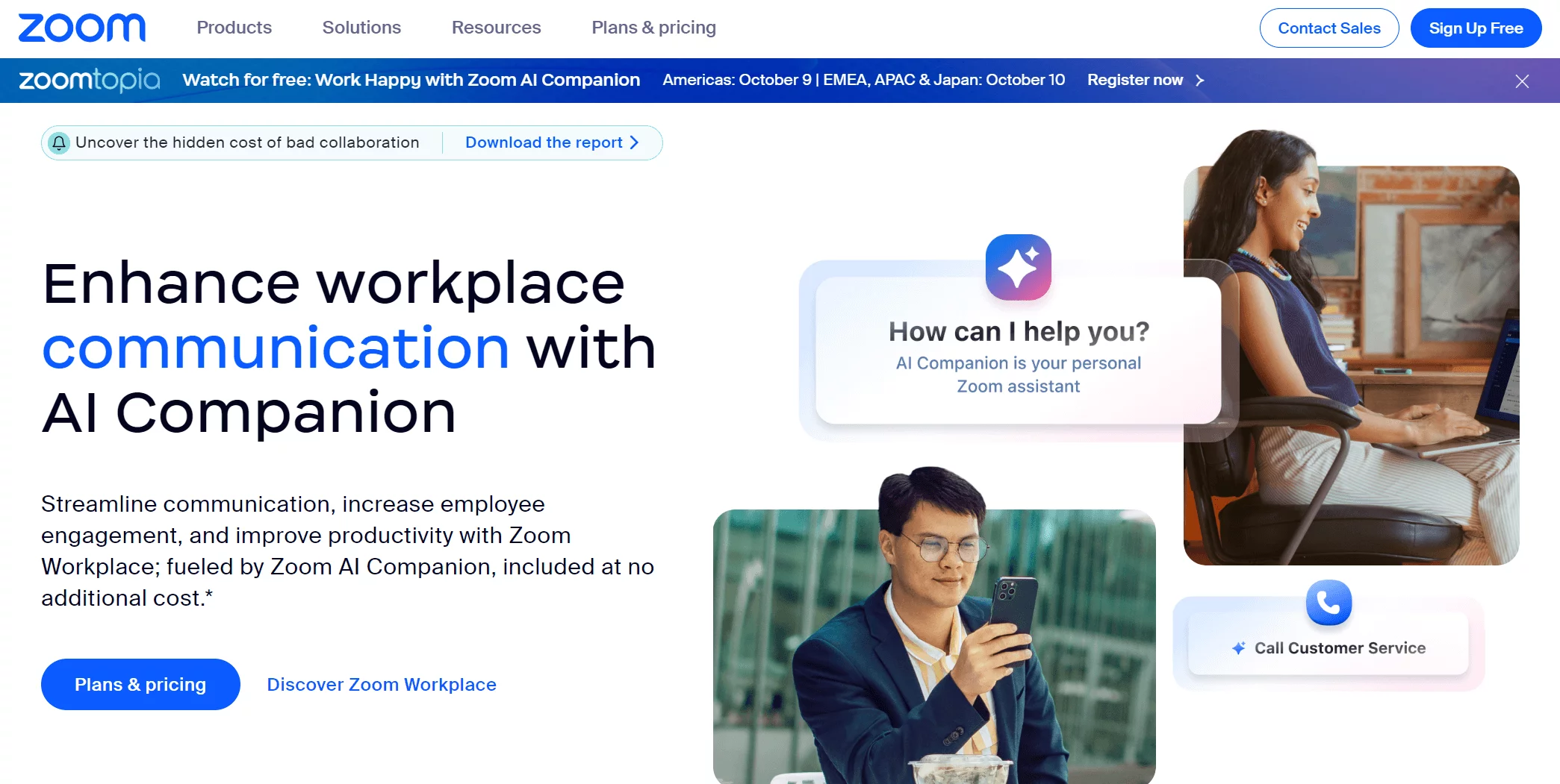 Zoom homepage promoting its AI Companion for enhancing workplace communication, featuring visuals of users interacting with the assistant and product offerings.