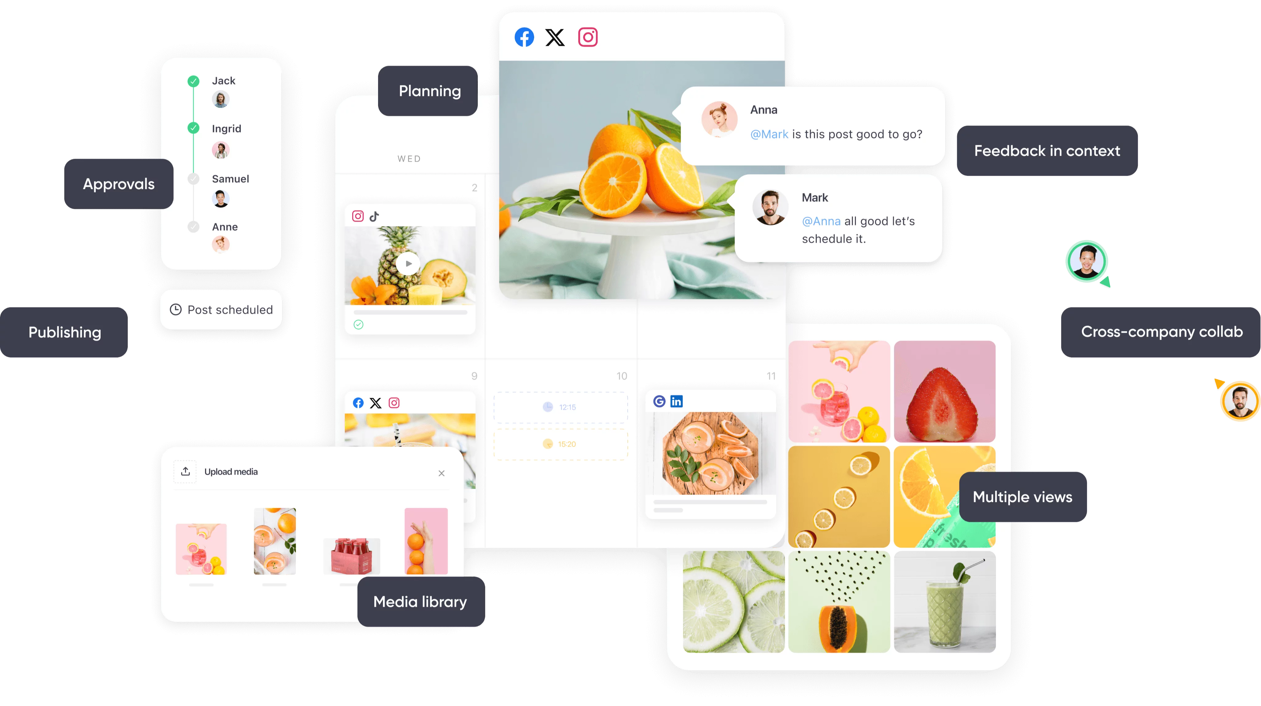 Planable's features as a social media management platform showing content planning, feedback, approvals, media library, and cross-company collaboration features.