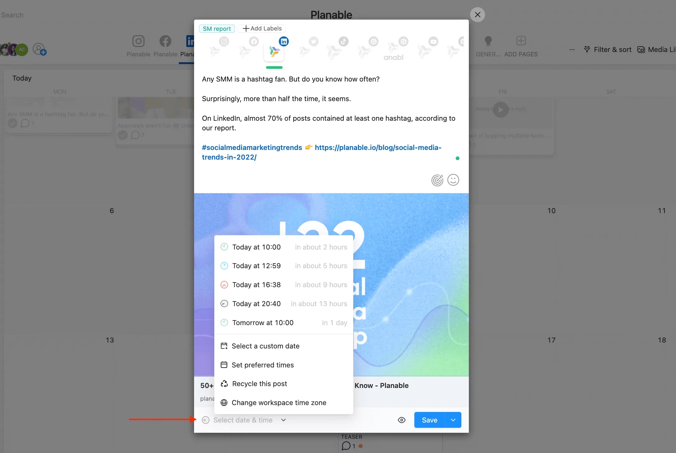 Planable post scheduling interface with options to select a time for publishing, showing a LinkedIn post about social media hashtag trends.