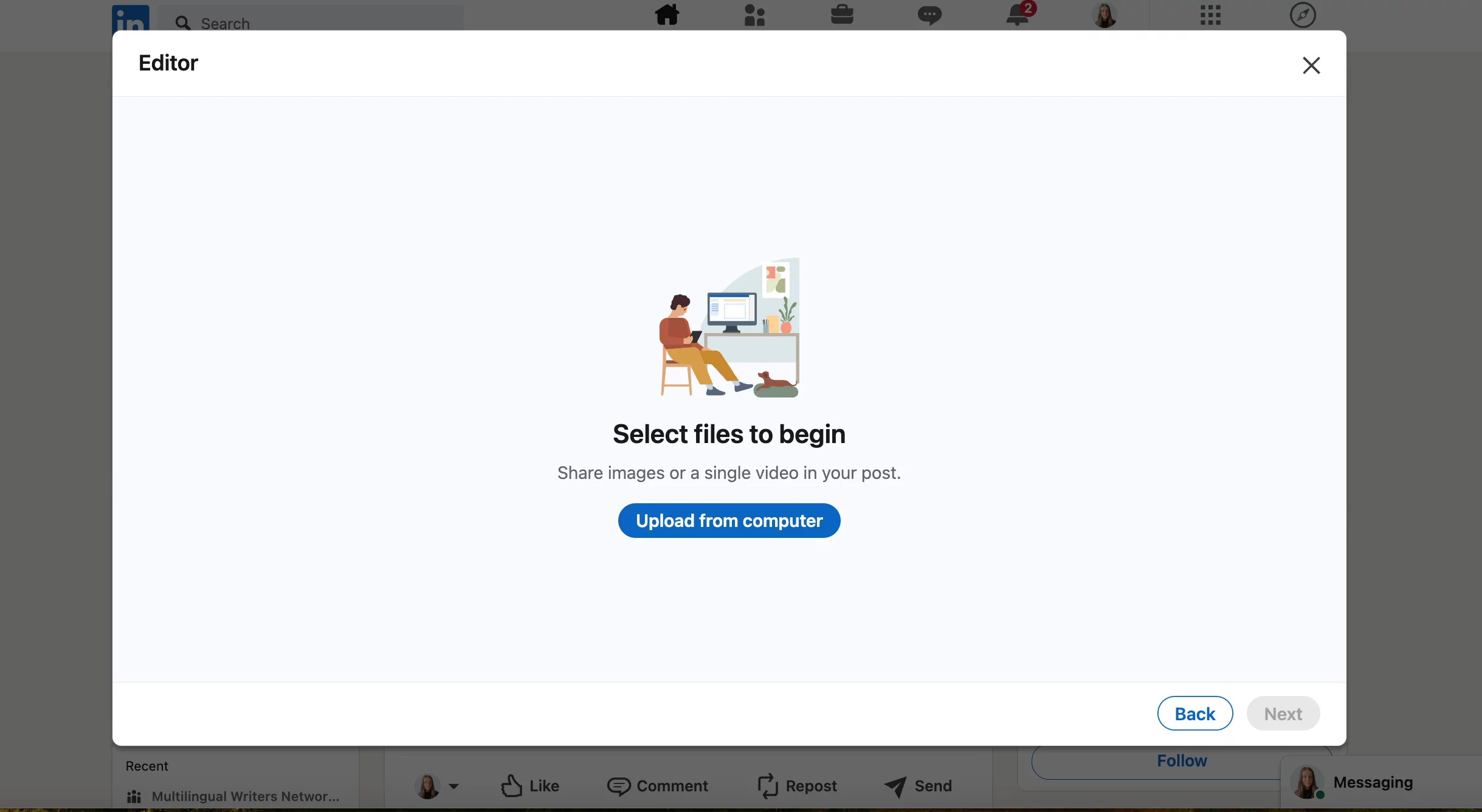 LinkedIn post editor prompting user to upload images or video from their computer, with an illustration of a person at a desk.