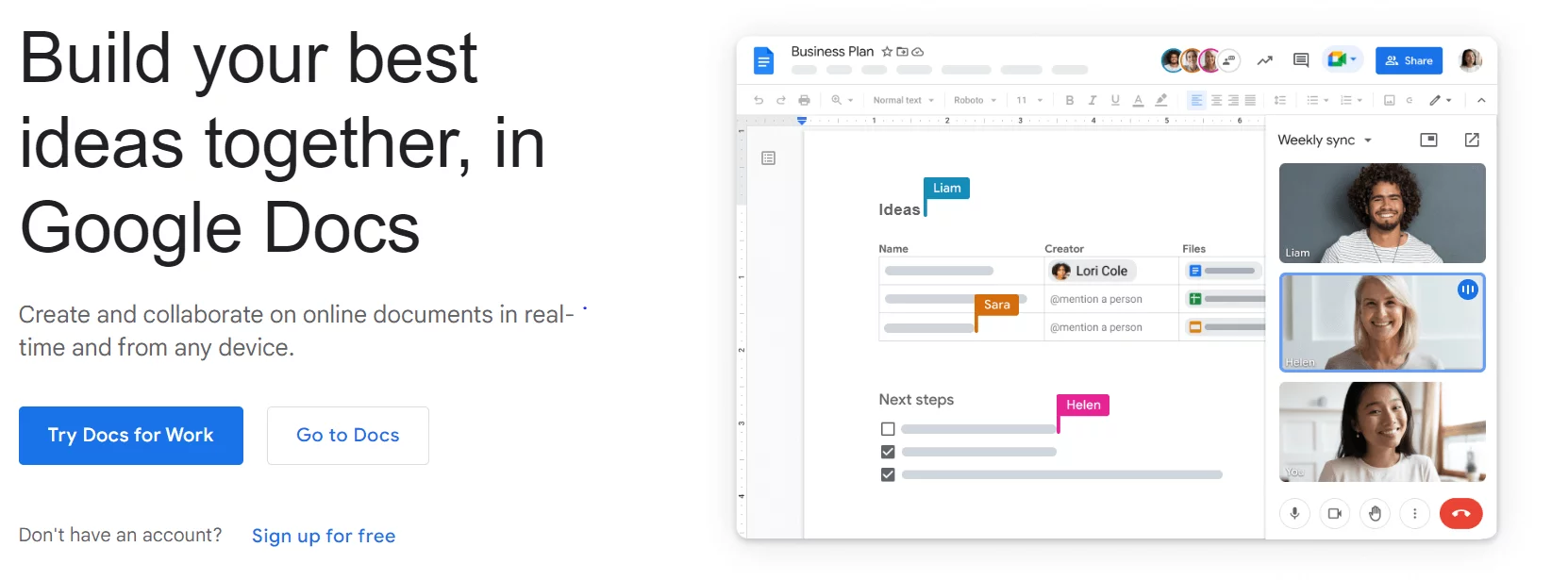 Google Docs collaboration interface showing a business plan document with real-time editing and video call integration for teamwork.