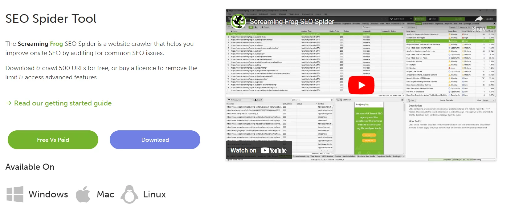 Screaming Frog SEO Spider tool page showcasing a website crawler for auditing SEO issues, offering free and paid versions for Windows, Mac, and Linux.