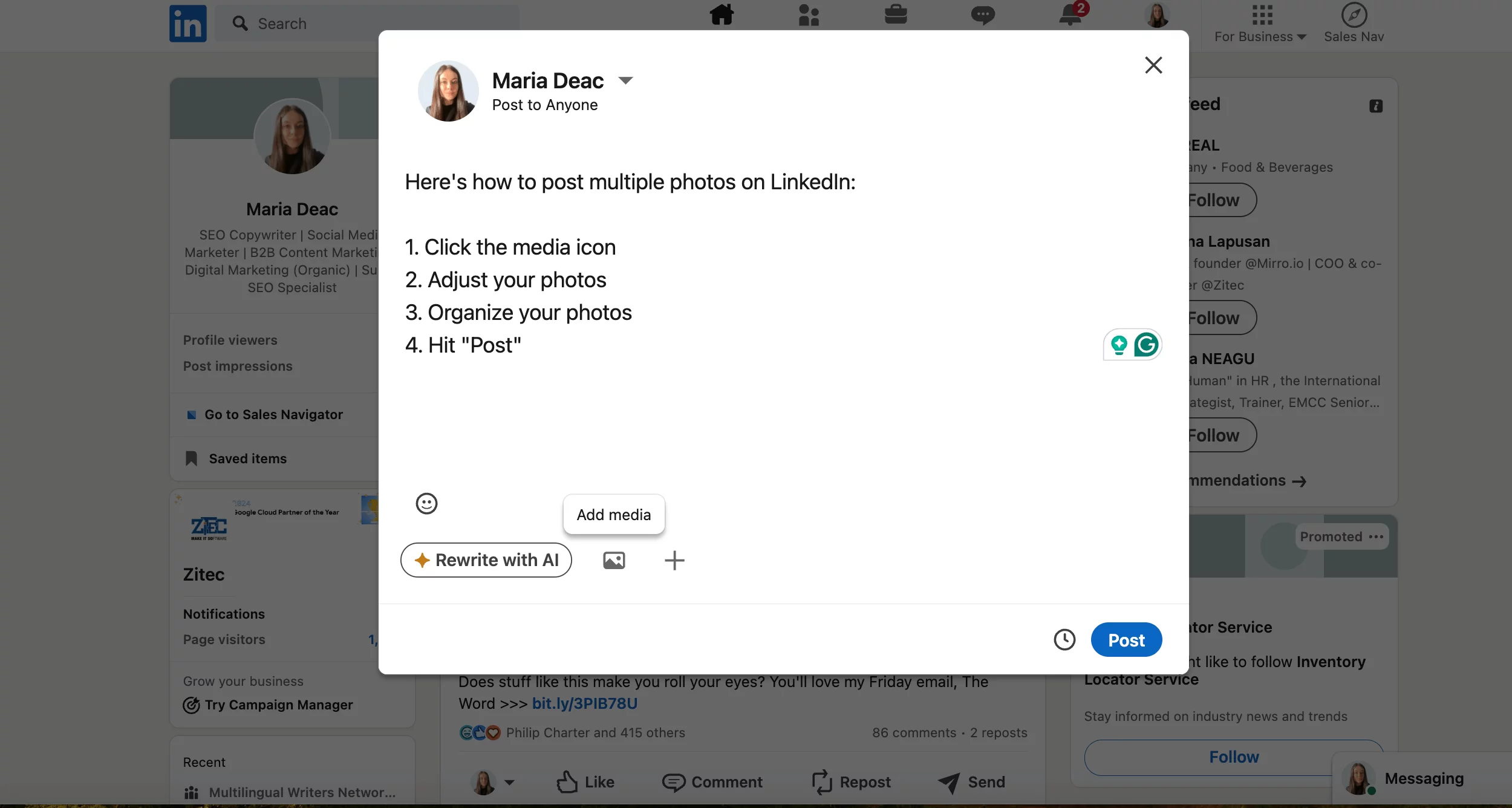 LinkedIn post draft by Maria Deac explaining how to upload multiple photos, listing steps like clicking the media icon and hitting "Post."