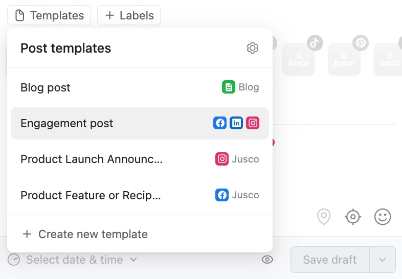 Social media post composer with multiple templates such as engagement post or event launch announcement in Planable