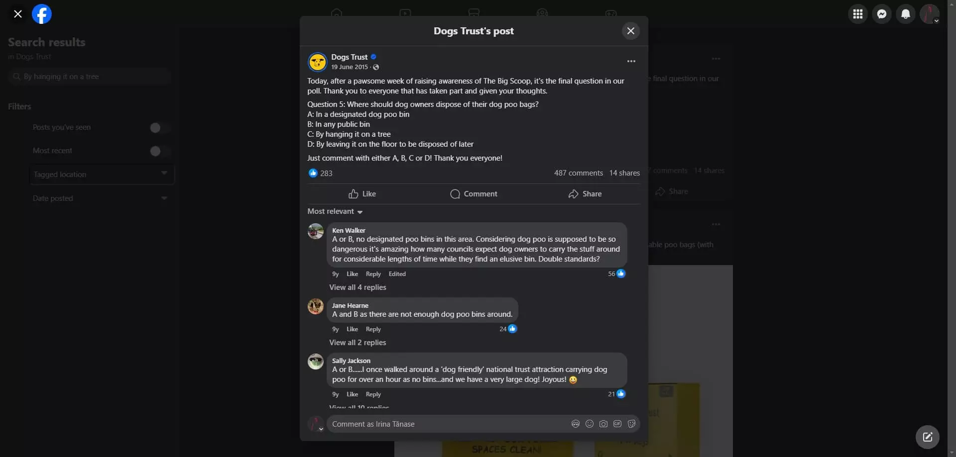 Dogs Trust Facebook post asking followers about proper dog waste disposal options, with multiple-choice answers and user comments.
