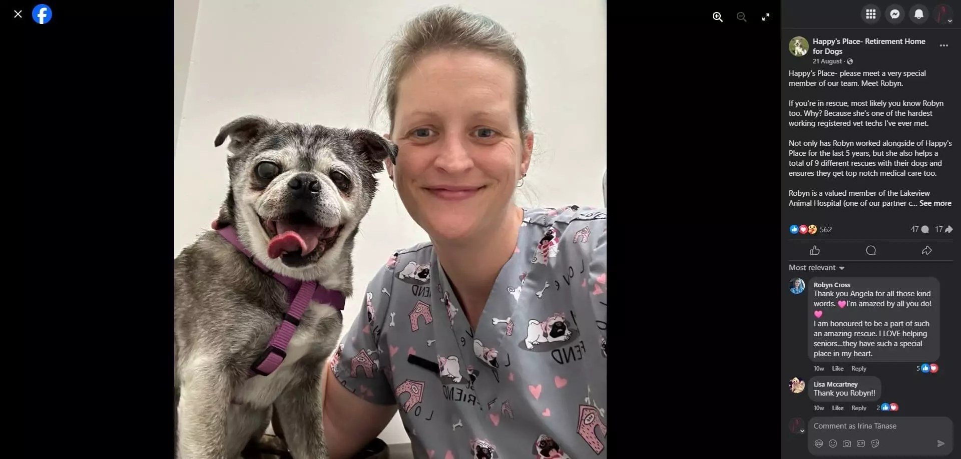 Happy's Place on facebook showing a smiling vet tech Robyn posing with a happy senior dog wearing a purple harness at Happy’s Place retirement home for dogs.