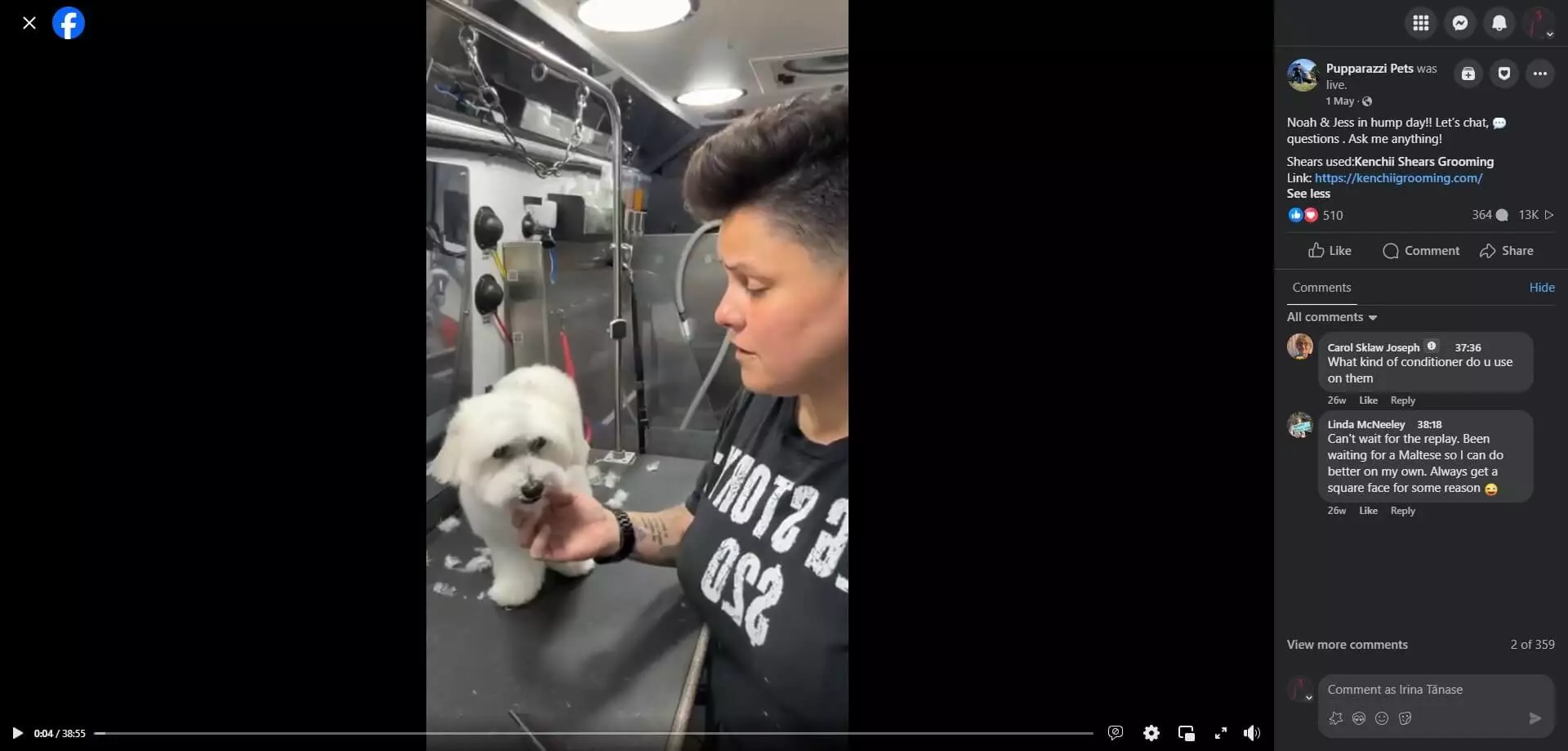 Pupparazzi Pets's Facebook postwith a pet groomer tending to a small white dog on a grooming table inside a well-lit mobile grooming van.