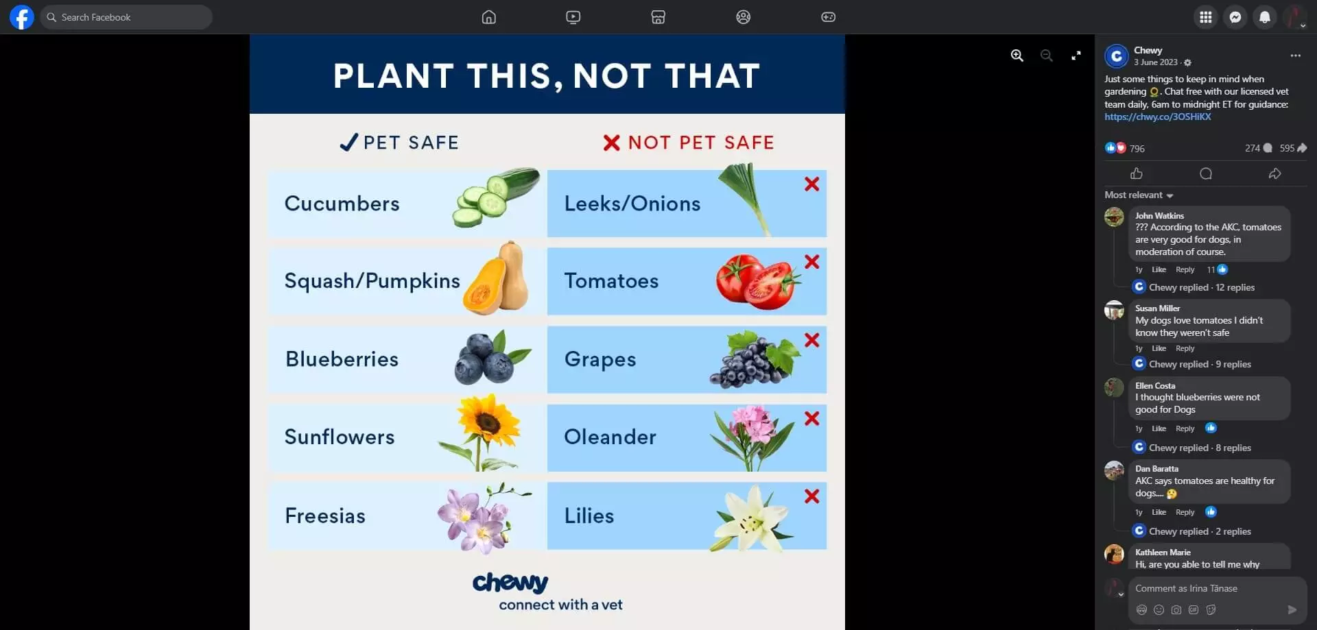 Chewy's Facebook post showing an infographic comparing pet-safe plants (cucumbers, pumpkins, blueberries, sunflowers, freesias) with toxic ones (onions, tomatoes, grapes, oleander, lilies).