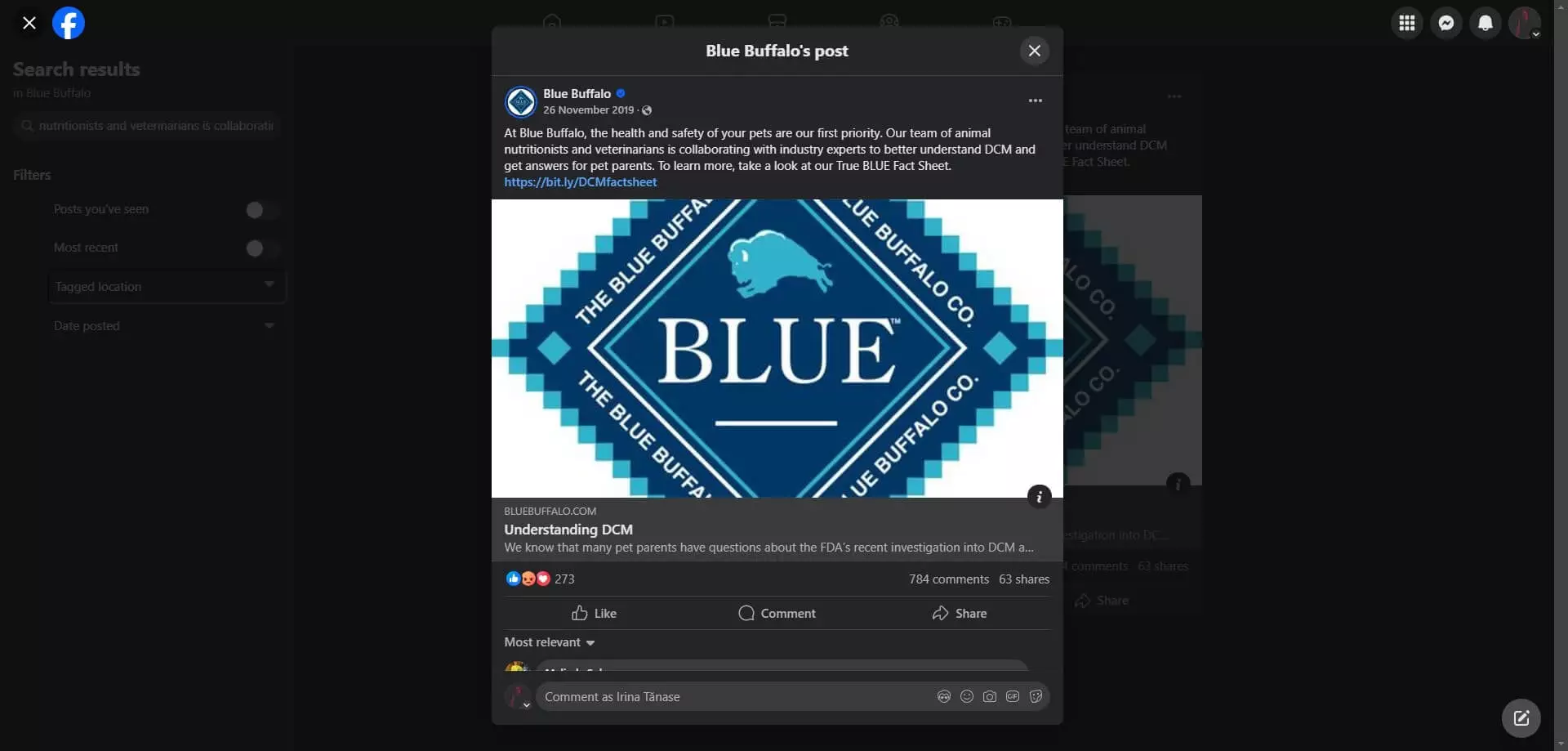 Blue Buffalo's Facebook post showing its logo featuring a blue diamond with a buffalo icon and company name, surrounded by decorative border details.