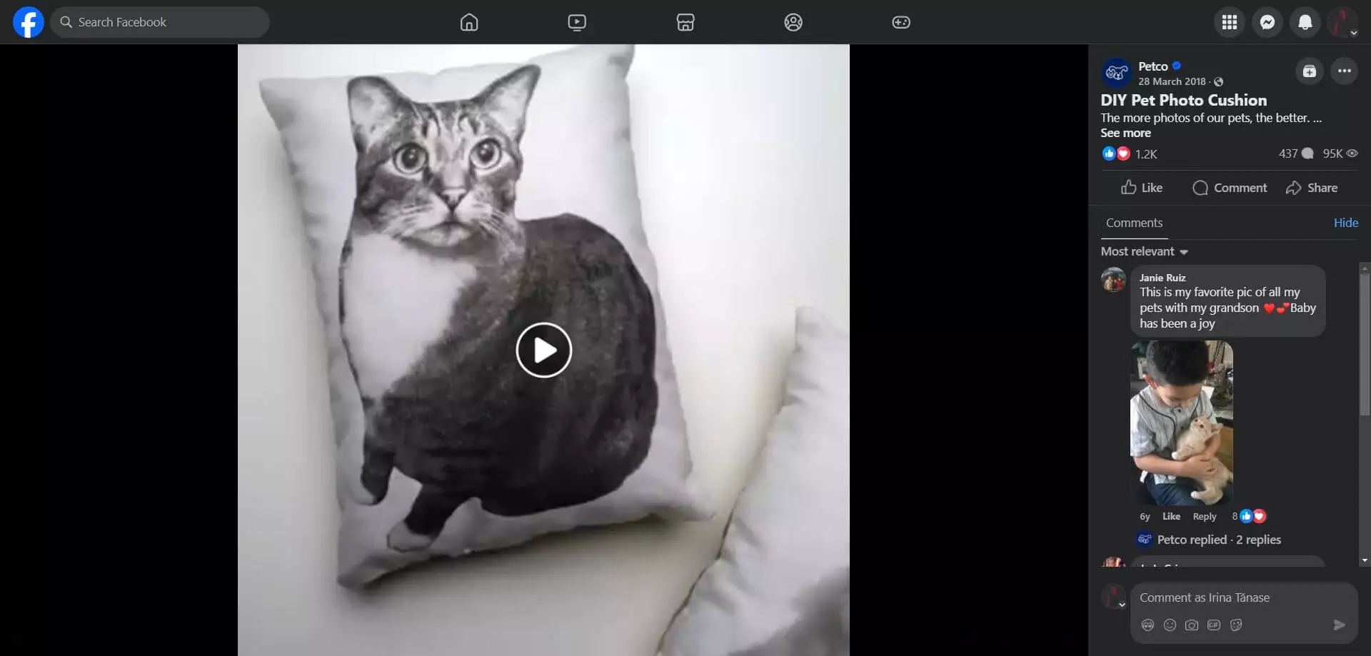 Petco's post showing a custom pillow featuring a black and white photo of a tabby cat with wide eyes, placed on a white background.