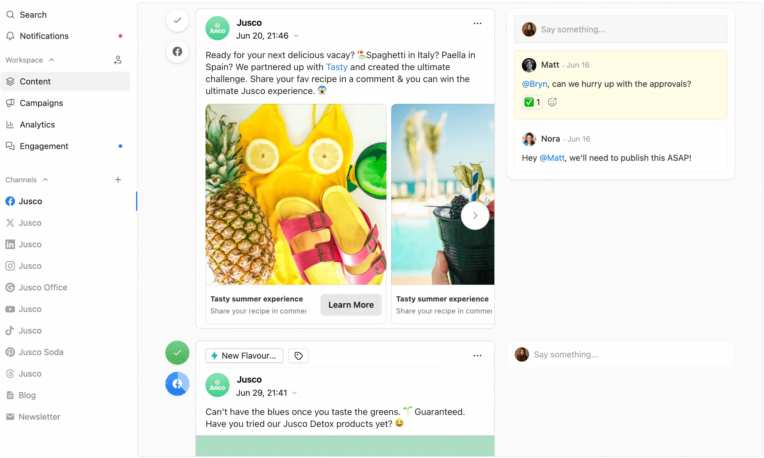 Content collaboration view showing a marketing agency's summer campaign post for Jusco on Planable software.