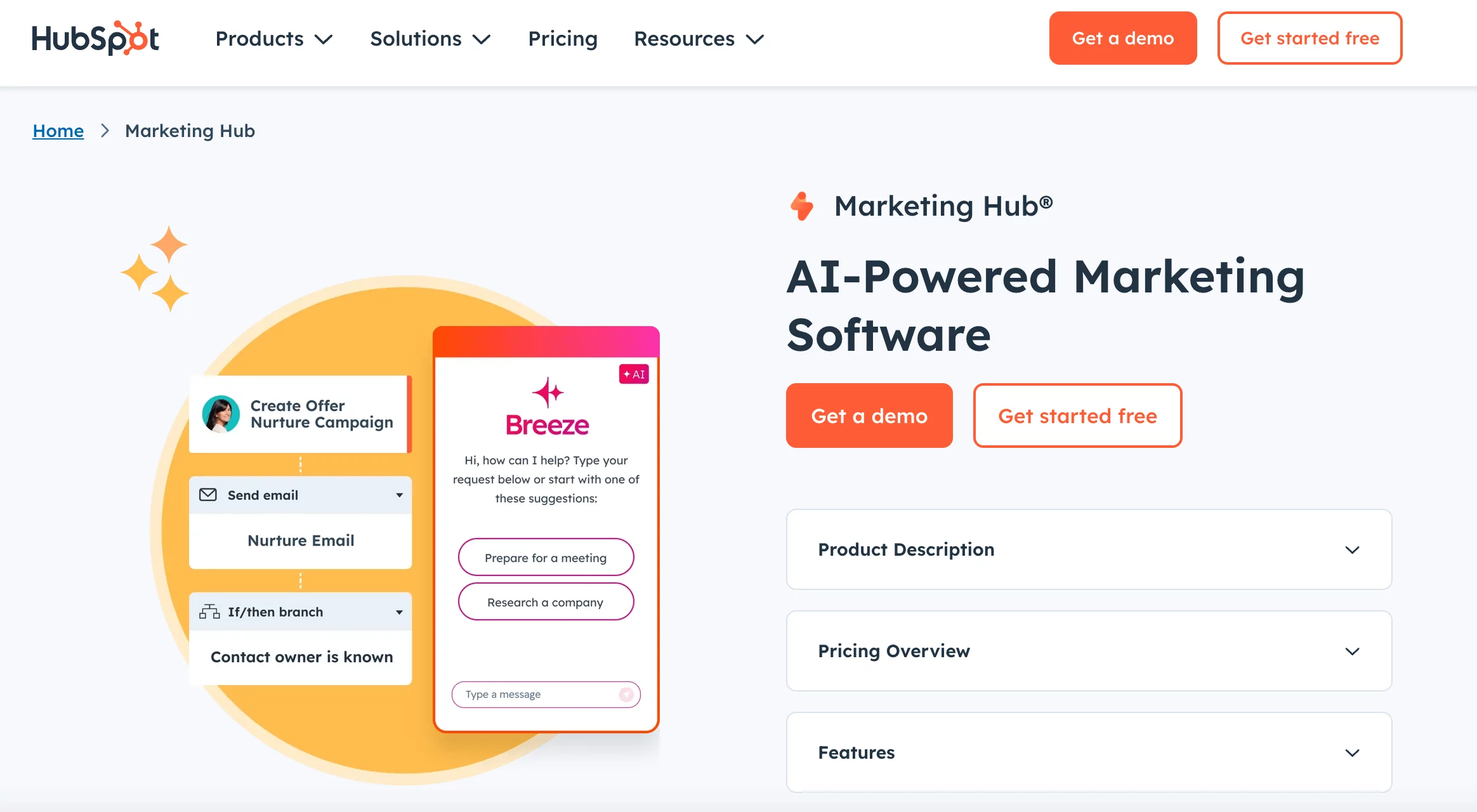 HubSpot Marketing Hub page featuring Breeze AI assistant and nurture campaign workflow preview.