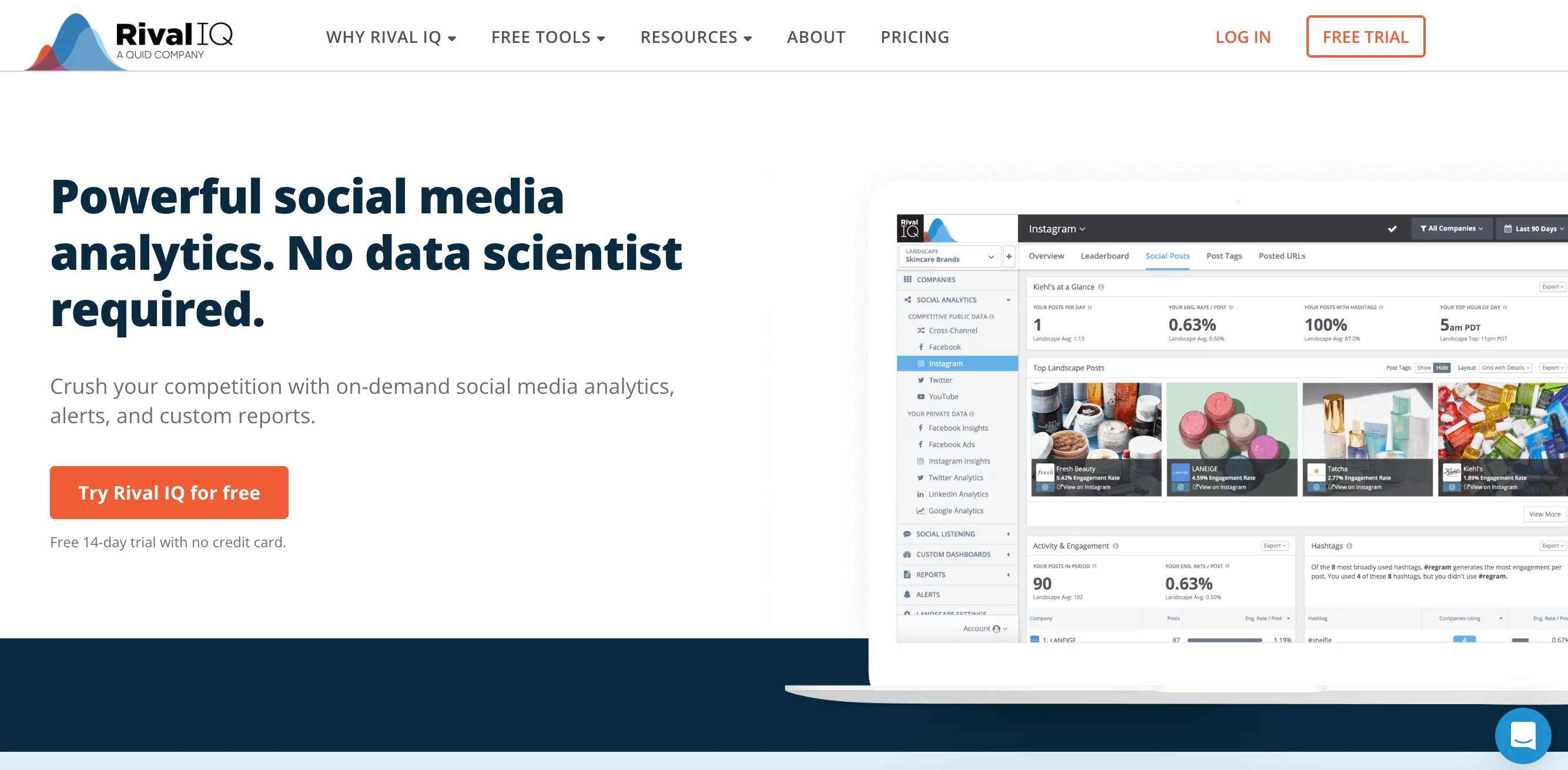 Rival IQ homepage with Instagram analytics dashboard and tagline on social media insights without data expertise.