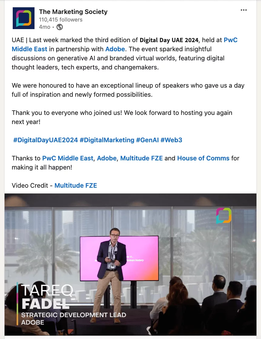 Social media post highlighting Digital Day UAE 2024 with a photo of Tareq Fadel, Adobe's Strategic Development Lead, speaking on stage.