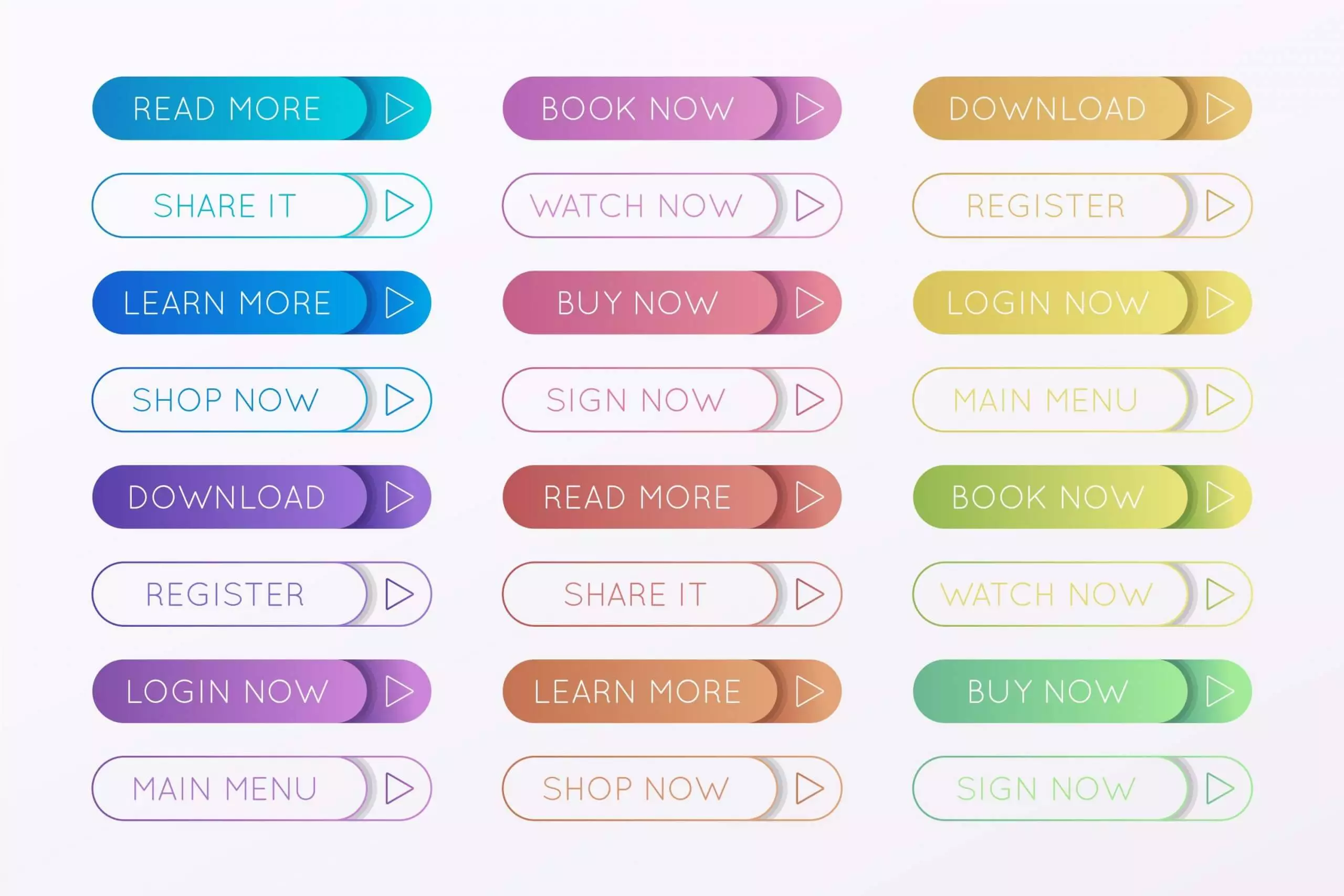 Colorful set of rounded call-to-action buttons with phrases like "Read More," "Buy Now," "Download," and "Register" in various colors.