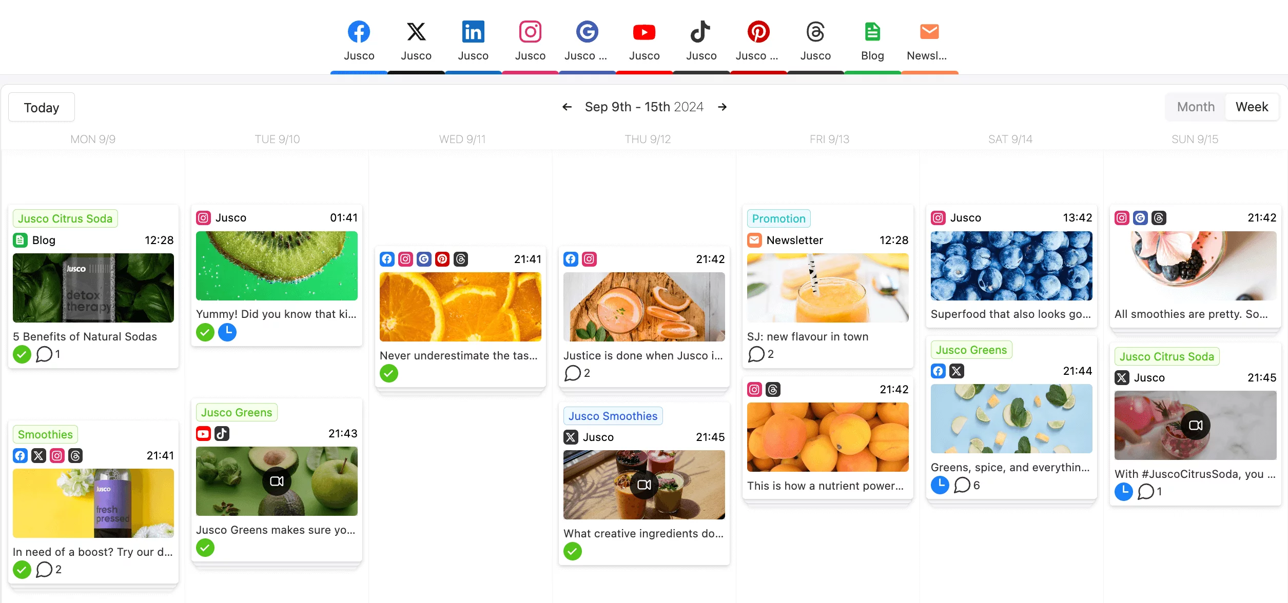 Social media content calendar in Planable for Jusco featuring posts about natural sodas, smoothies, and promotions scheduled by platform.