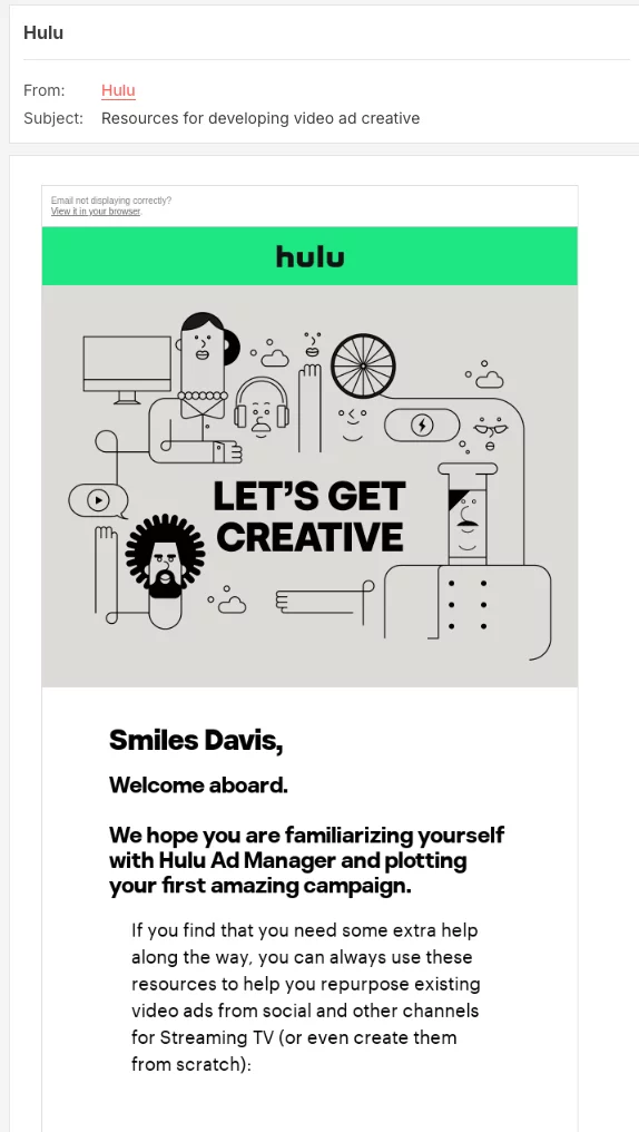 Hulu welcome email introducing resources for creating video ads using Hulu Ad Manager, encouraging creativity in ad campaigns.