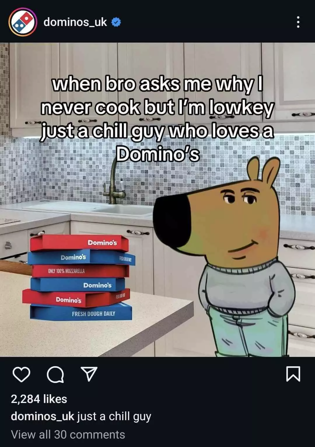 Cartoon dog character named 'chill guy' standing in a modern kitchen next to a stack of Domino's pizza boxes with a humorous caption above.