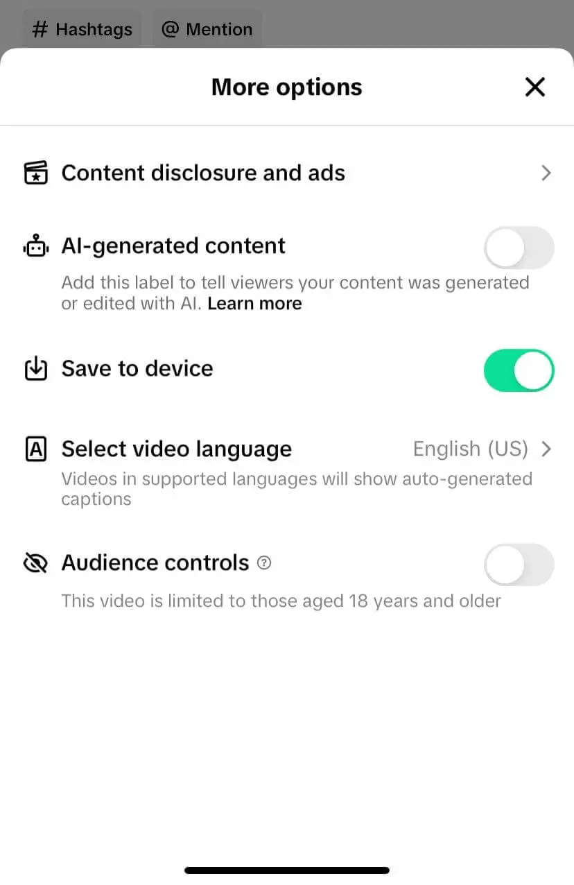 Options menu on social media, showing toggles for AI-generated content label, save to device, video language, and audience controls.