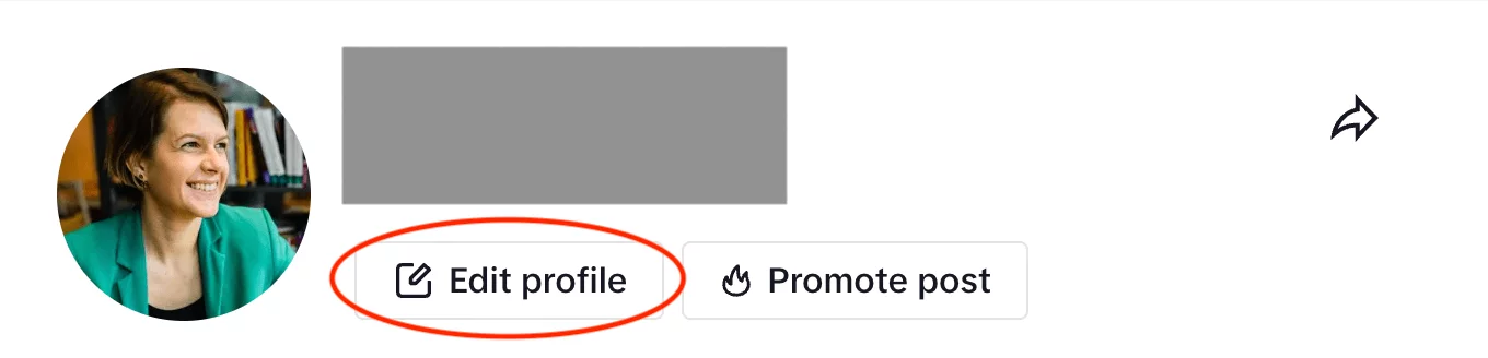 Profile section showing a woman’s profile picture, with options to "Edit profile" and "Promote post" highlighted.