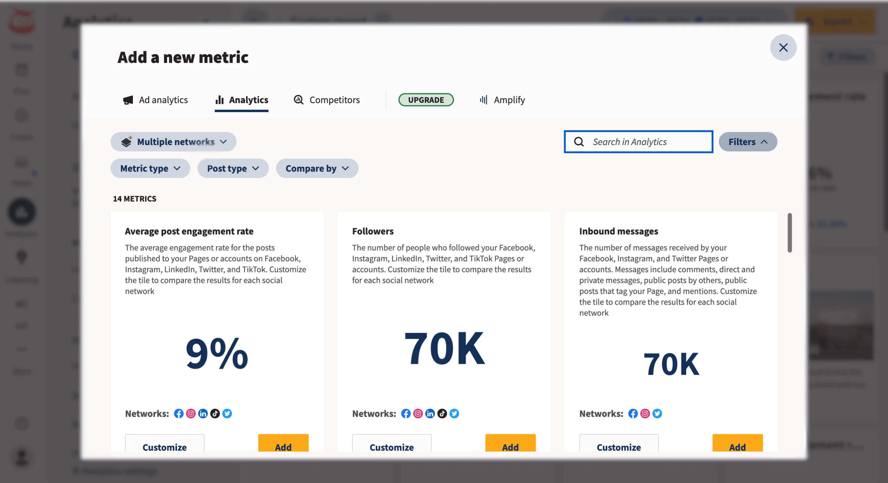 Analytics dashboard in Hootsuite allowing users to add new metrics, such as post engagement rate, followers, and inbound messages, for multiple social networks.