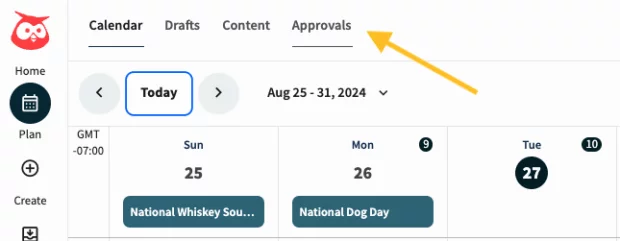 Social media calendar view in Hootsuite highlighting the "Approvals" tab, showing notable dates like National Whiskey Sour Day and National Dog Day.