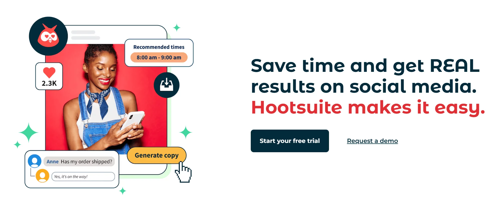 Hootsuite's homepage showing a woman using a phone, highlighting features like copy generation, engagement, and recommended post times.