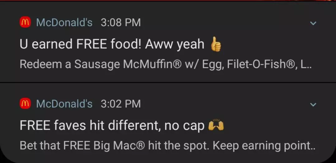 Two McDonald's app notifications promoting rewards: one offers free food redemption, and the other celebrates earning a free Big Mac.