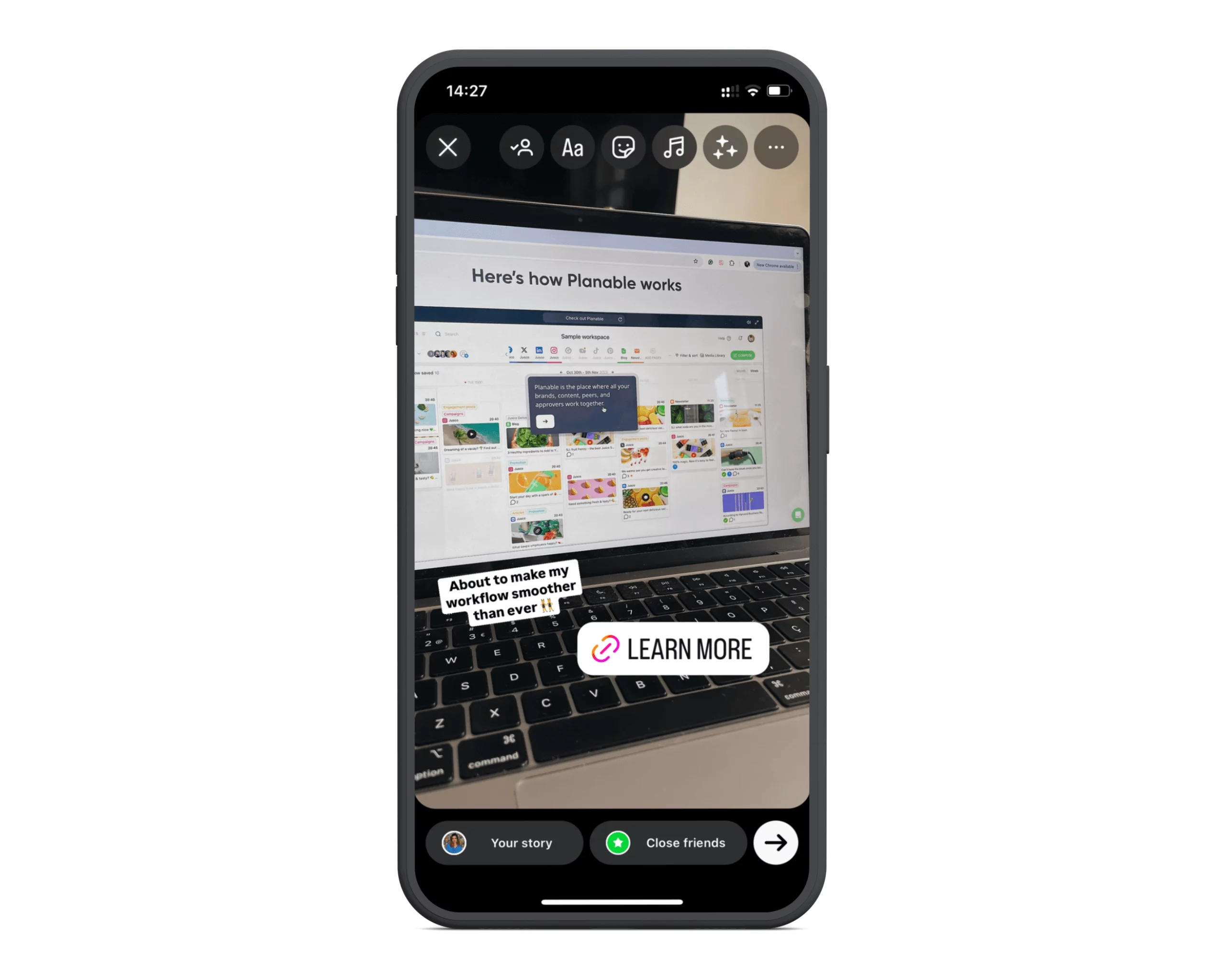 Instagram story draft showing Planable's workspace on a laptop with a “Learn More” link sticker and a caption about workflow improvement.
