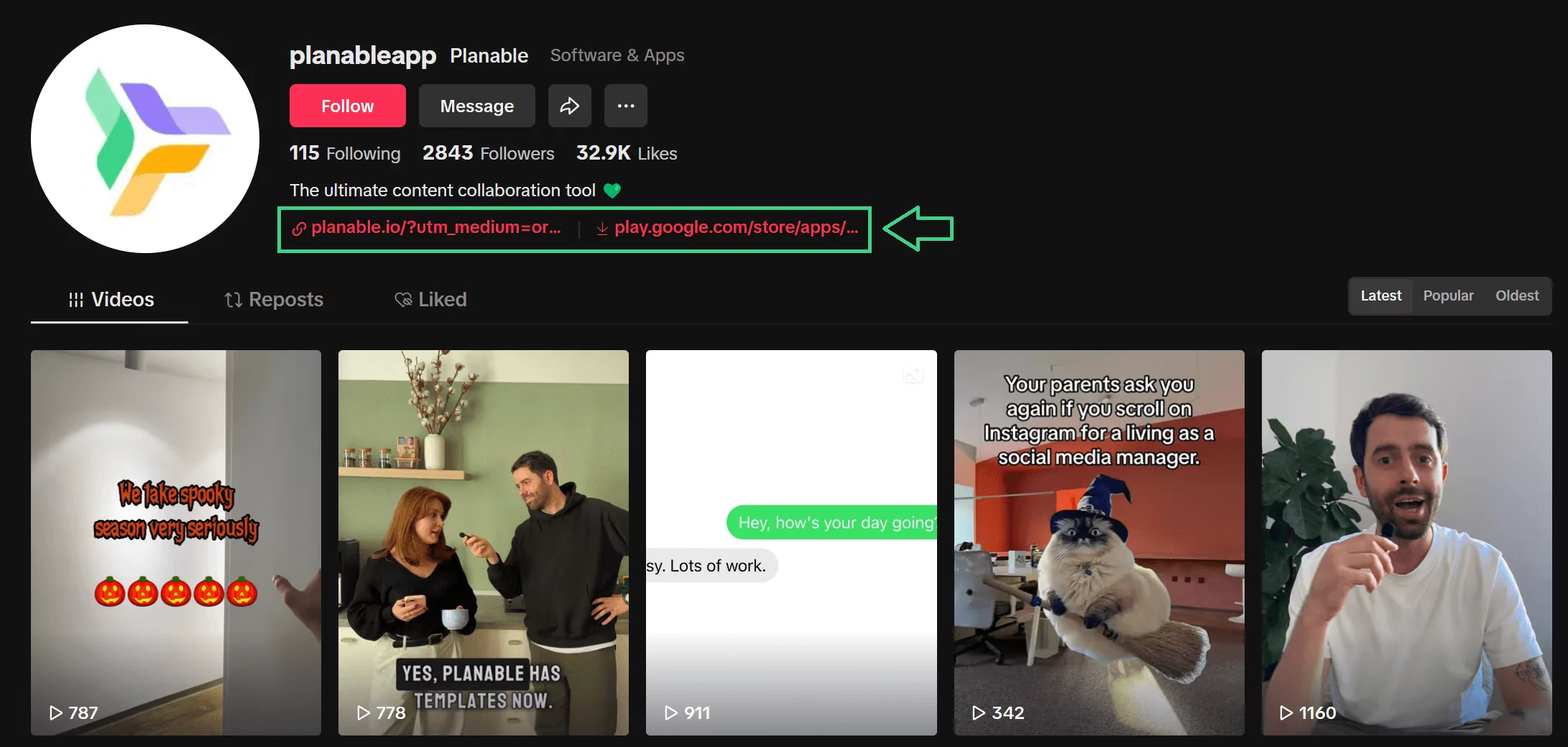 Planable's TikTok profile featuring bio, follower count, website link, and latest video posts showcasing social media management tips and humor.