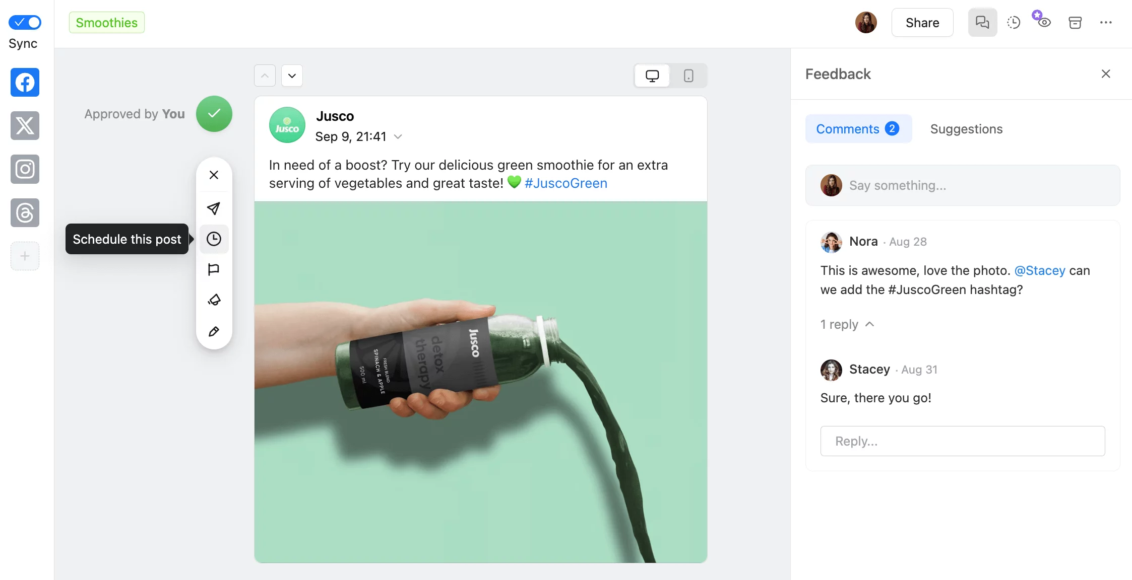 Facebook post in Planable's composer showing a hand pouring Jusco green smoothie from a bottle against a mint green background, with a social media scheduling interface and collaboration with comments in the right side.