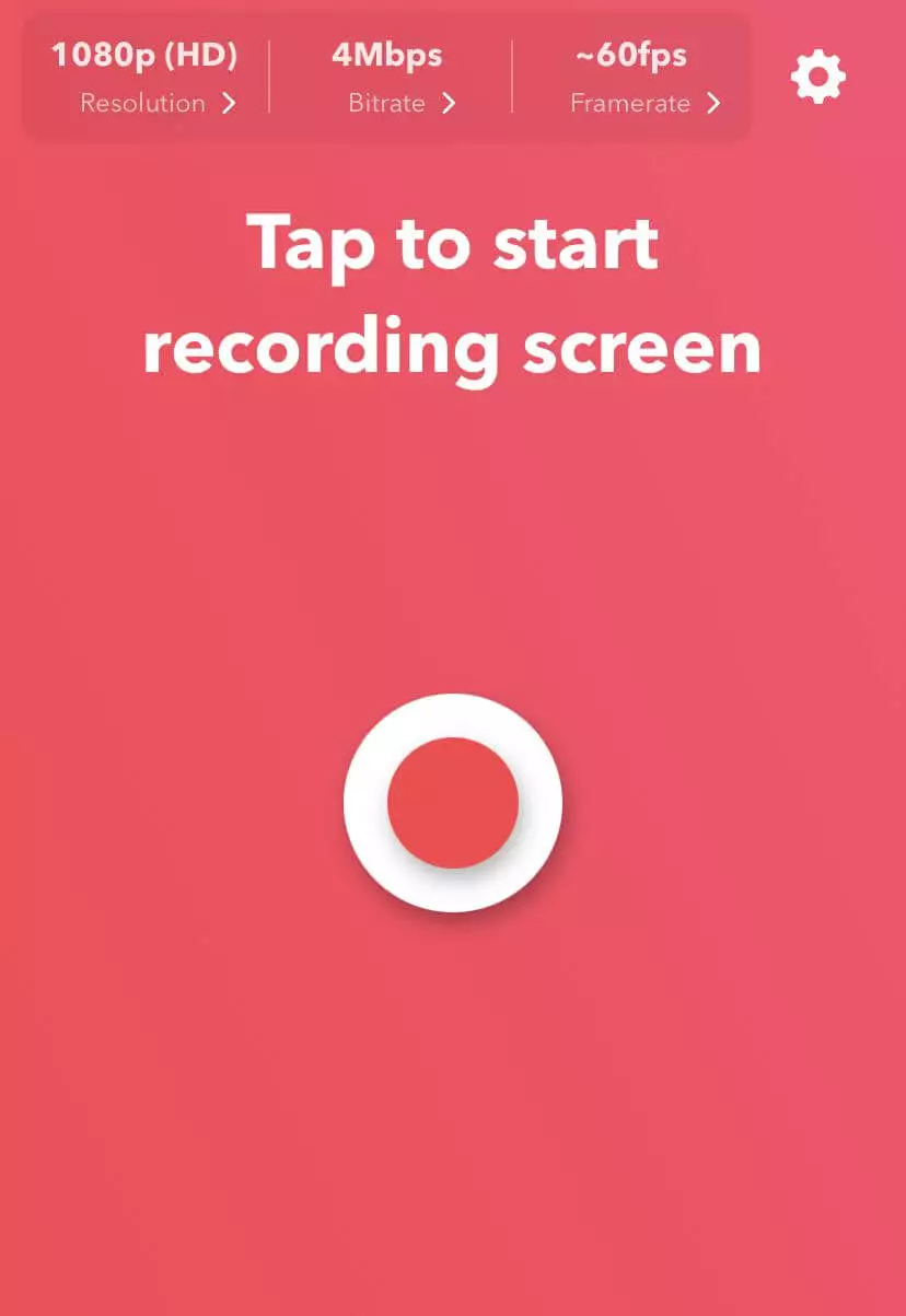 Screen recording app interface with “Tap to start recording screen” prompt, displaying options for resolution, bitrate, and framerate.