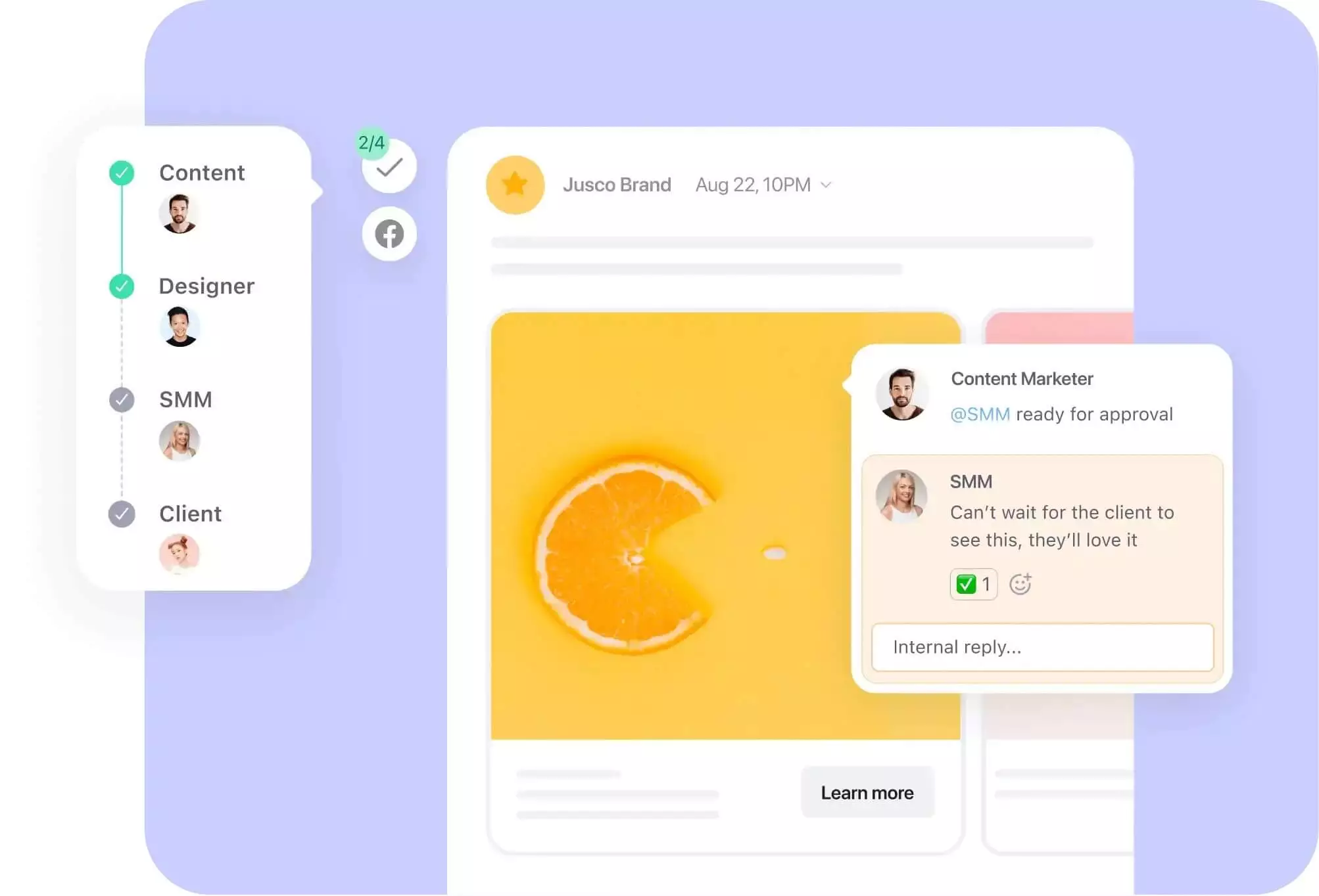 Multi-level social media approval workflow showing team collaboration with comments and task completion in Planable 