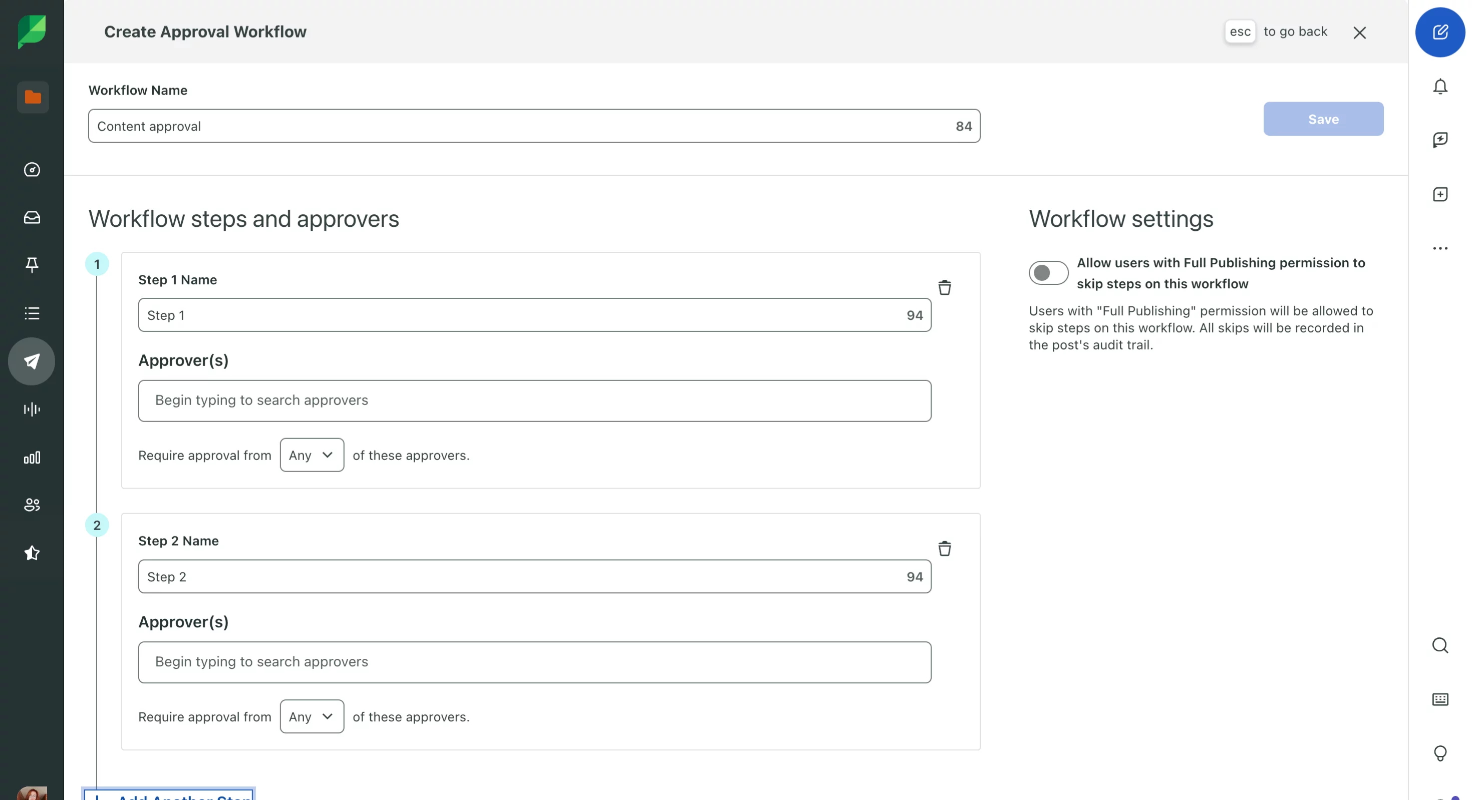 Approval workflow creation screen in Sprout with configurable steps, approvers, and settings to allow users with publishing permissions to skip steps.