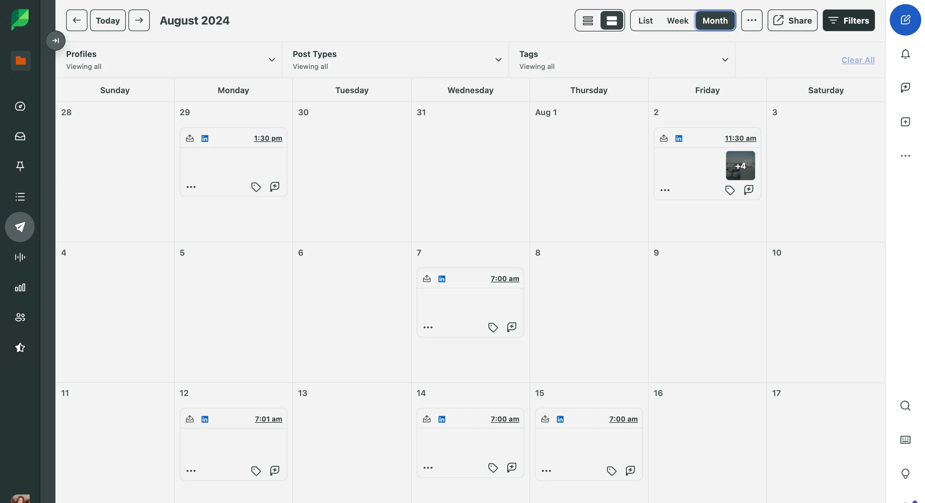 Monthly social media calendar for August 2024 in Sprout Social, showing scheduled LinkedIn posts with specific posting times and tags.