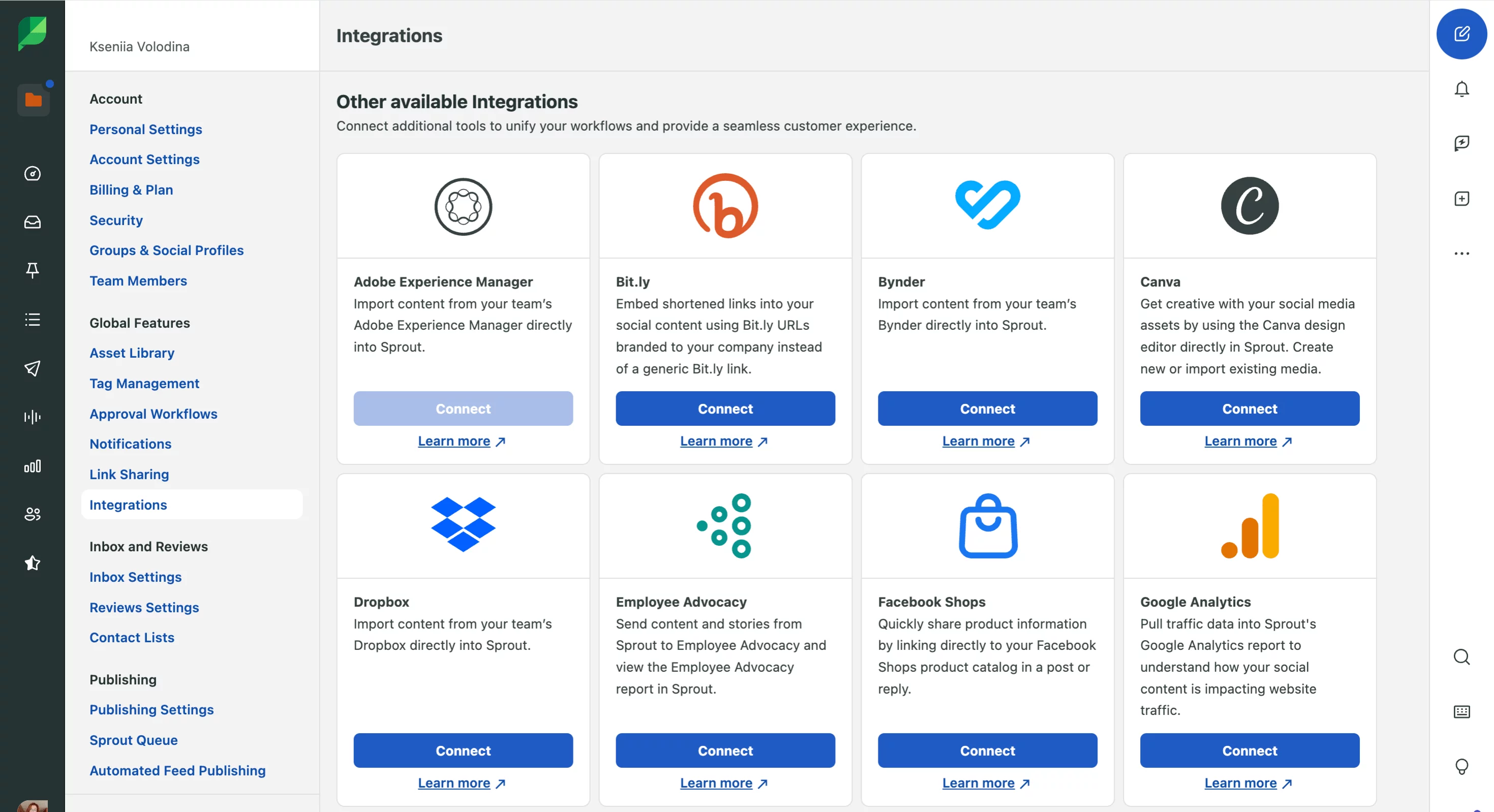 Sprout Social integrations page showing options like Adobe Experience Manager, Bit.ly, Canva, Dropbox, and Google Analytics for enhanced workflows.