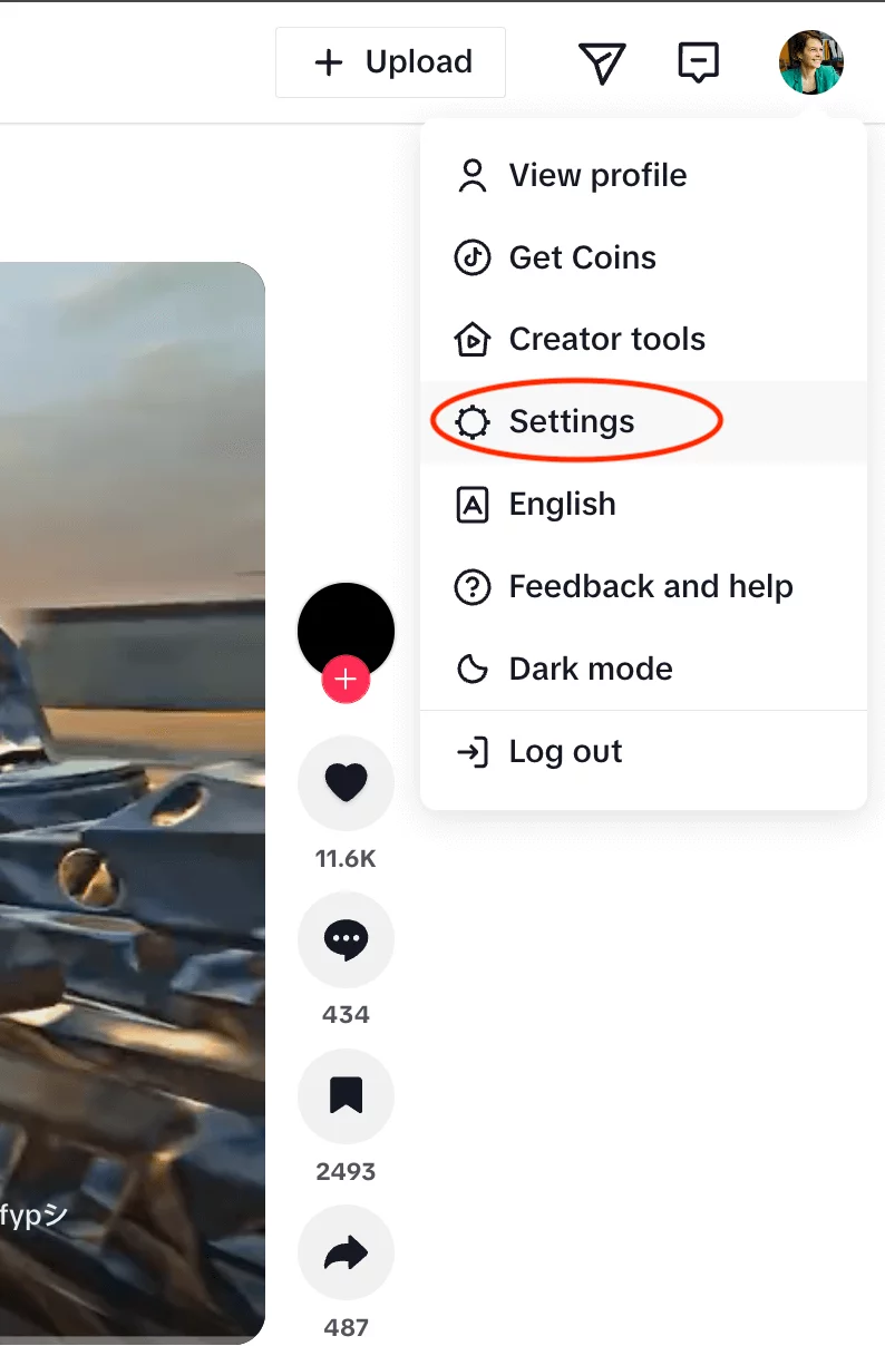 Dropdown menu on TikTok showing user options, with "Settings" circled in red for emphasis.