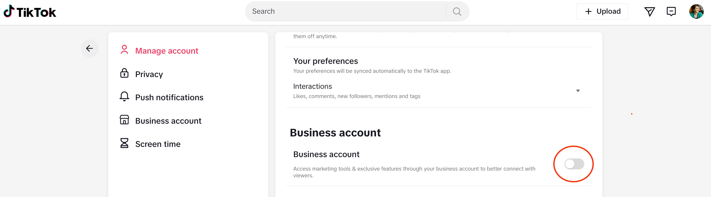 TikTok settings page with the option to toggle to a business account circled in red on the right panel.