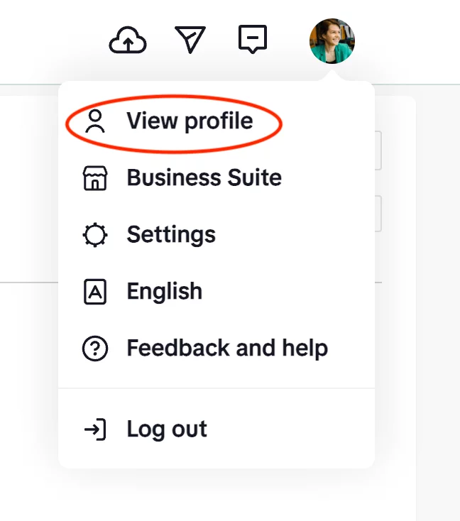 Dropdown menu on TikTok with "View profile" highlighted in red, showing options like Business Suite, Settings, and Log out.