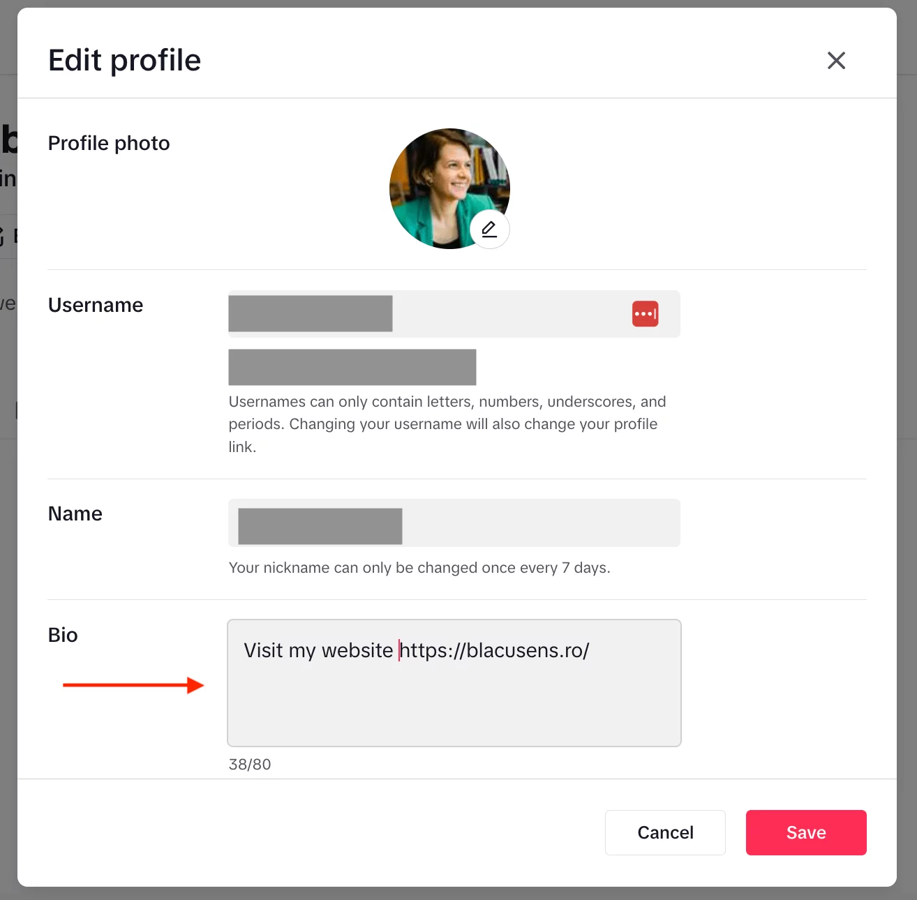 TikTok profile edit screen with a bio field showing "Visit my website https://blacusens.ro/" and a Save button highlighted in red.