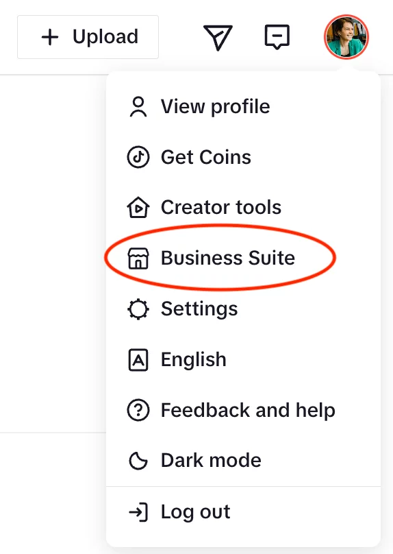 Dropdown menu on TikTok with "Business Suite" option highlighted in red, alongside other options like "View profile" and "Settings."