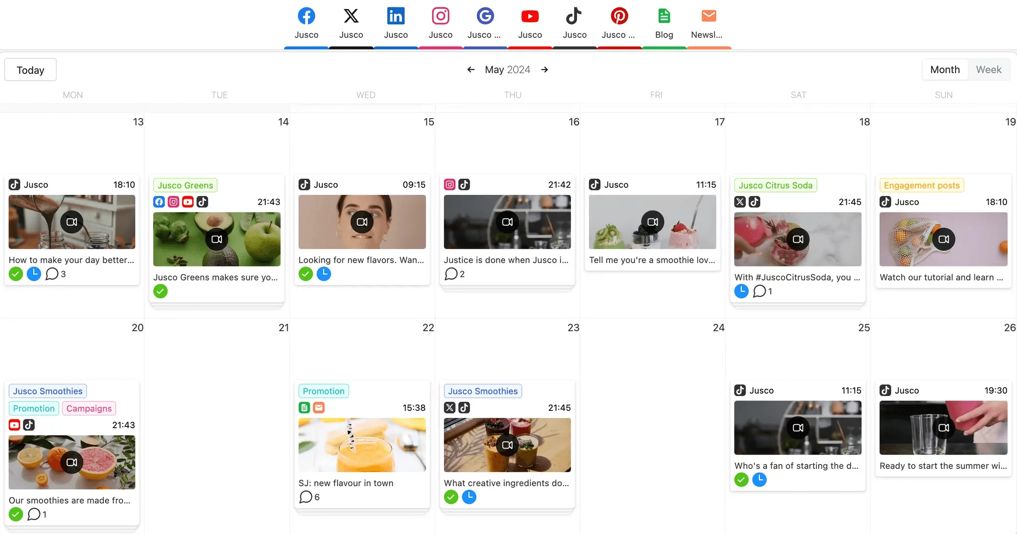 Social media content calendar in Planable, showcasing scheduled posts with videos and engagement metrics across various platforms.