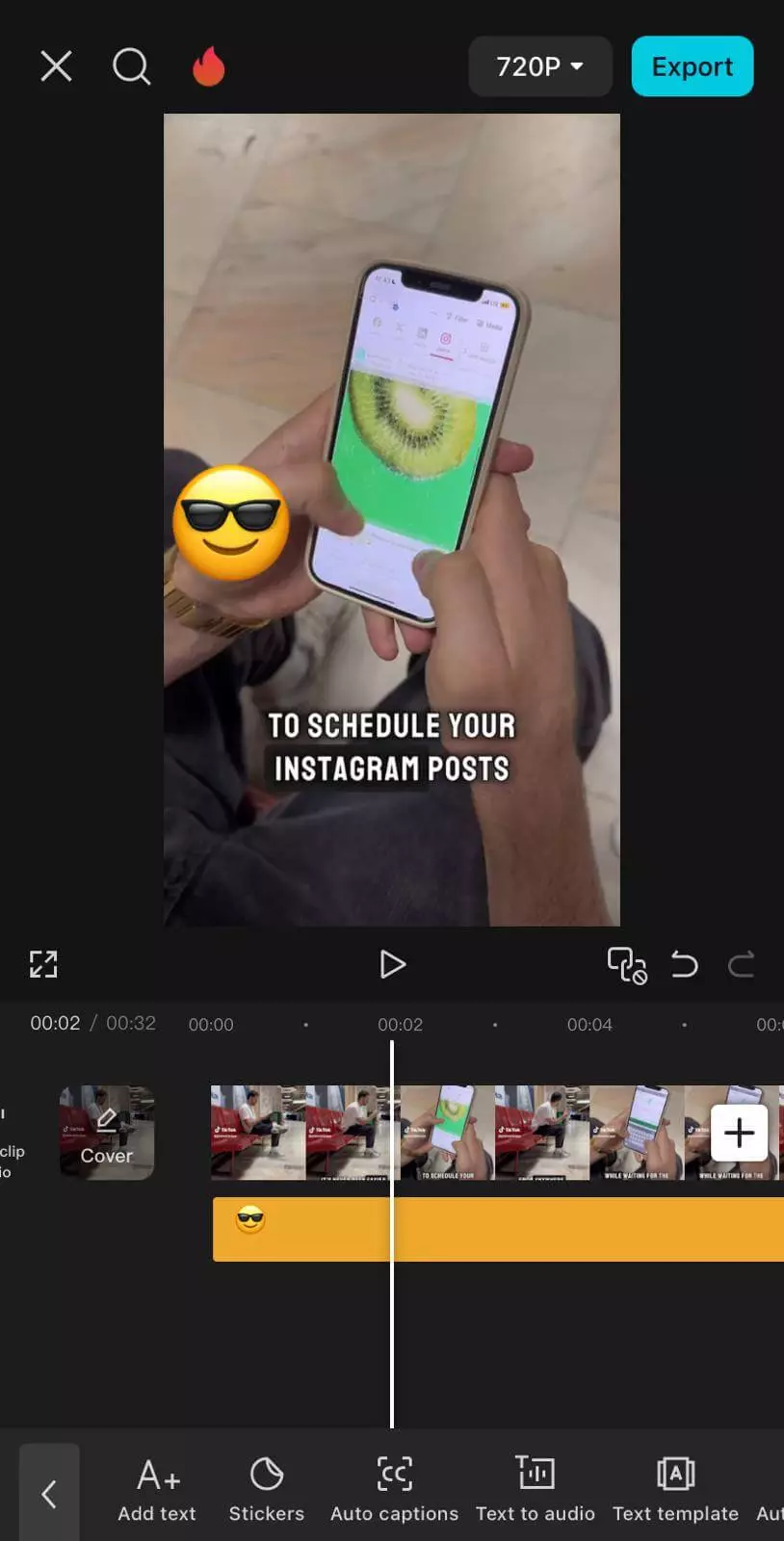 Video editing app interface showing a clip TikTok and the action of blurring or covering the watermark with a sticker.