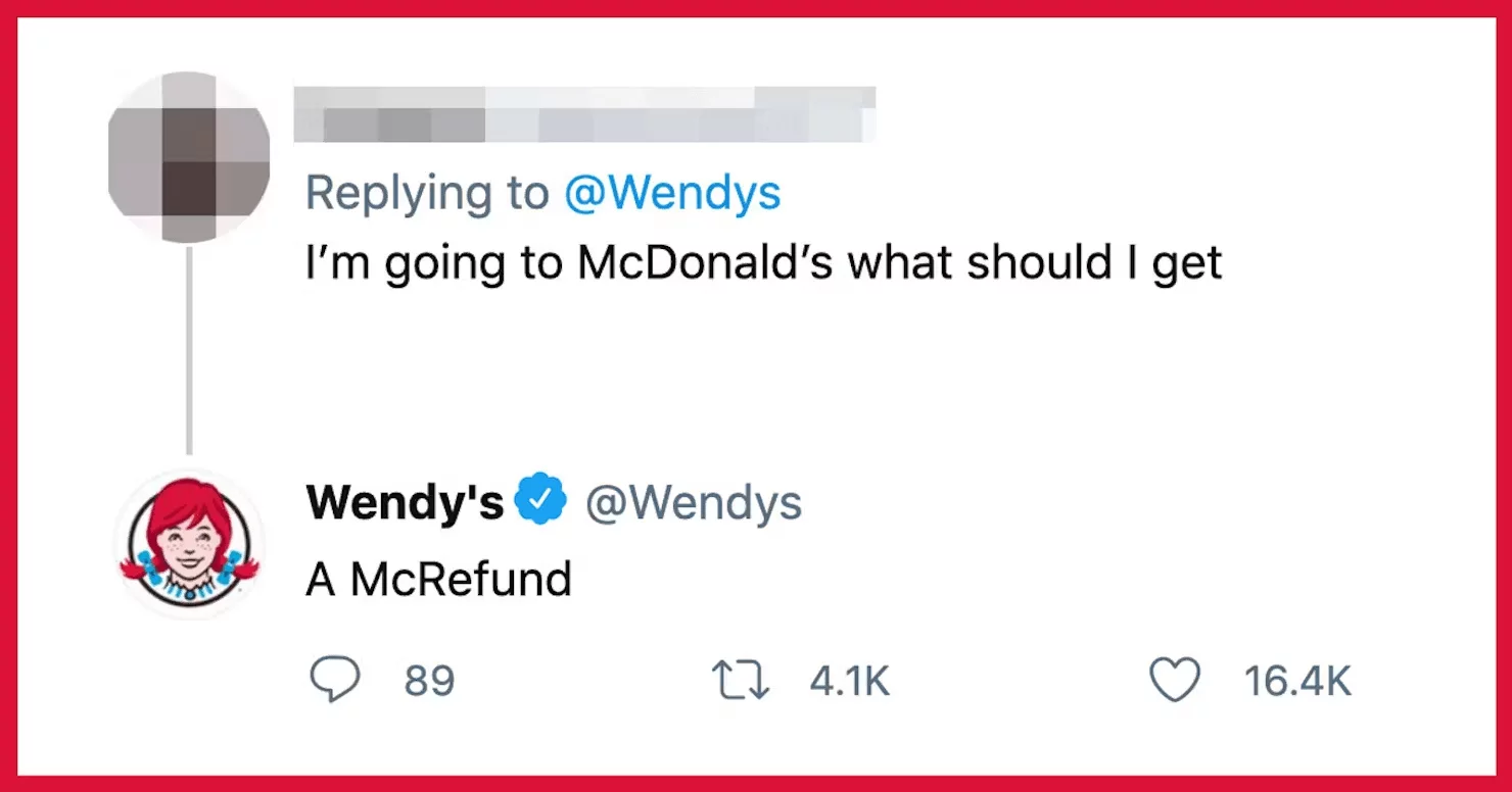 A tweet asking Wendy's what to order at McDonald's, with Wendy's witty reply: "A McRefund."