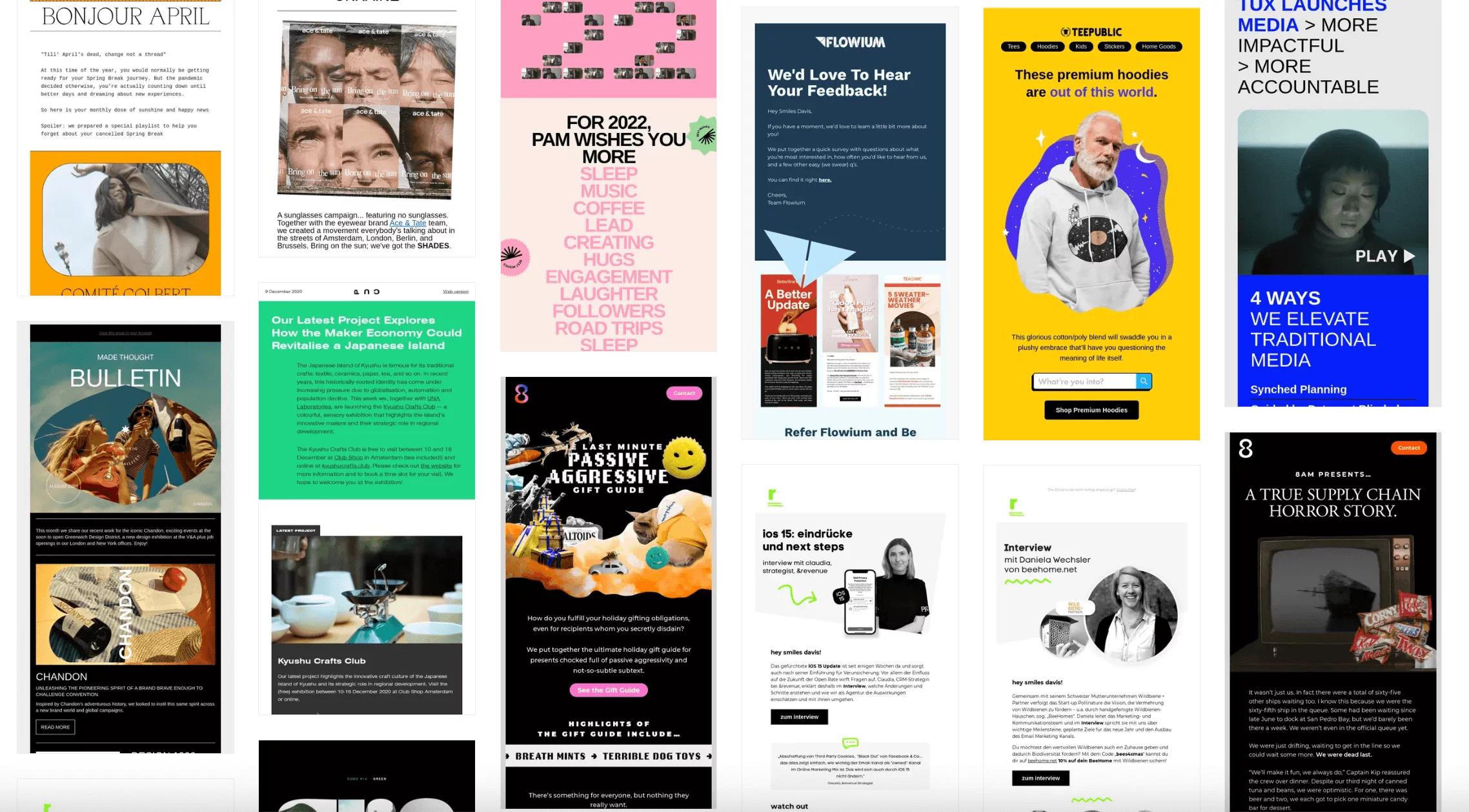 A collage of diverse newsletter designs showcasing various layouts, fonts, colors, and themes, including fashion, feedback requests, and product promotions.